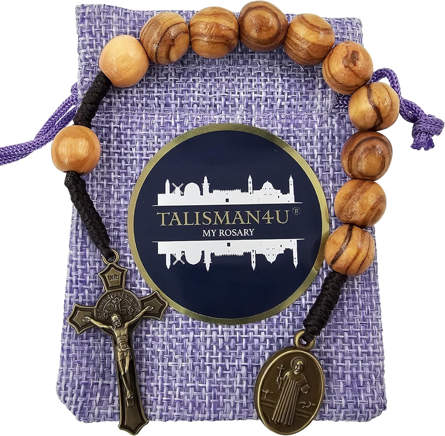 TALISMAN4U Bronze Saint Benedict Medal One Decade Pocket Rosary 10 mm Olive Wood Prayer Beads Open Style Tenner Rosaries for Men Women San Benito Cross Handmade Catholic Gift Linen Rosary Pouch - Image 4