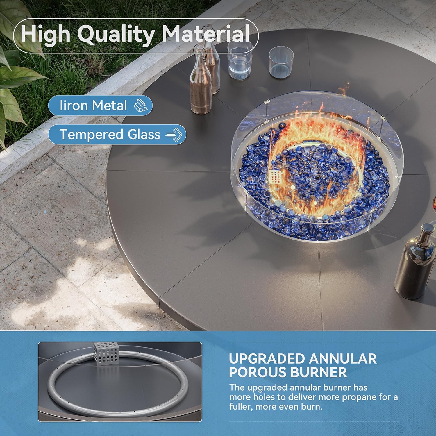 Kullavik 48" Round Propane Fire Pit Table,55000 BTU Auto-Ignitiongas Gas Fire Table with Fire Glass and Lid,Waterproof Cover and Pumice Stone for Patio,Balcony,Garden