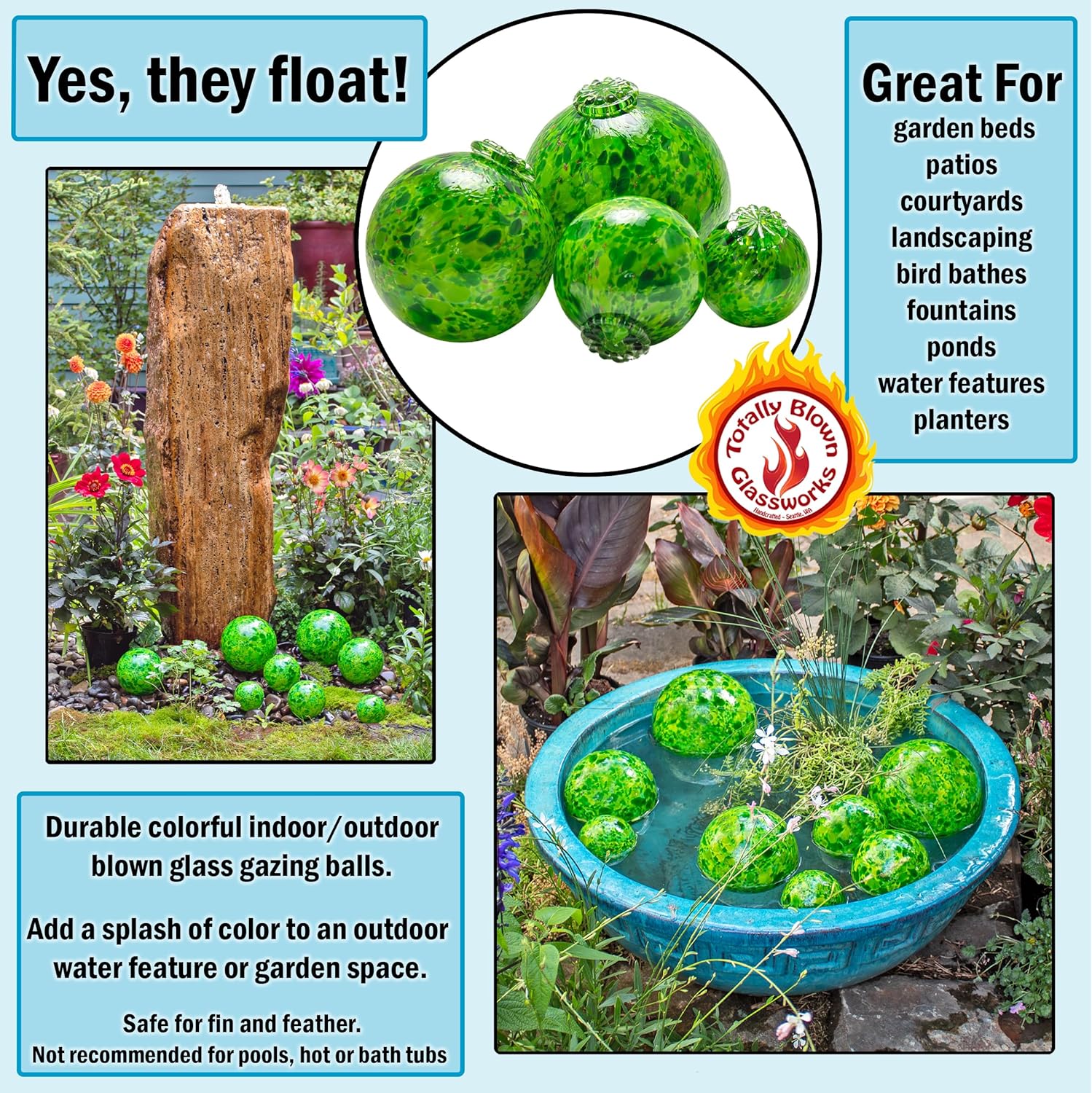 Totally Blown Glassworks Pond Float. Handmade Blown Glass, Garden Gazing Ball, Table Centerpiece, Assorted sizes available. Home and Patio Decor. Artist Dehanna Jones. Seattle, WA. (Forest Green)