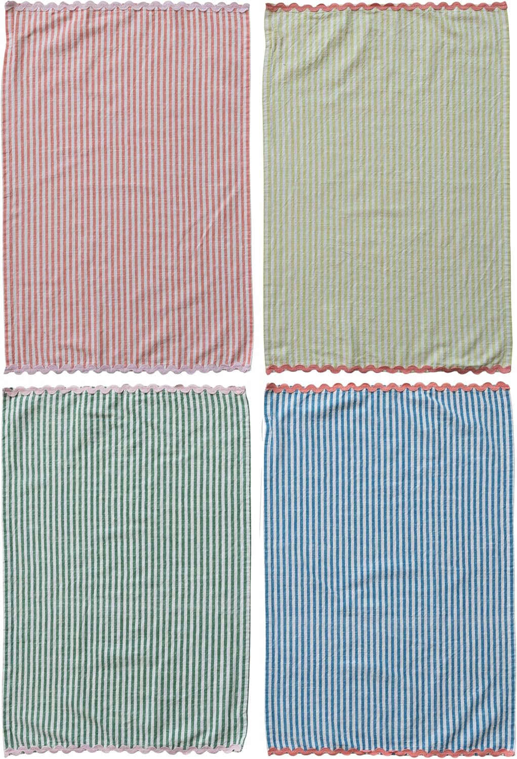 Creative Co-Op 4-Piece Woven Cotton Striped Tea Towel with RIC Rac Trim, Multicolor