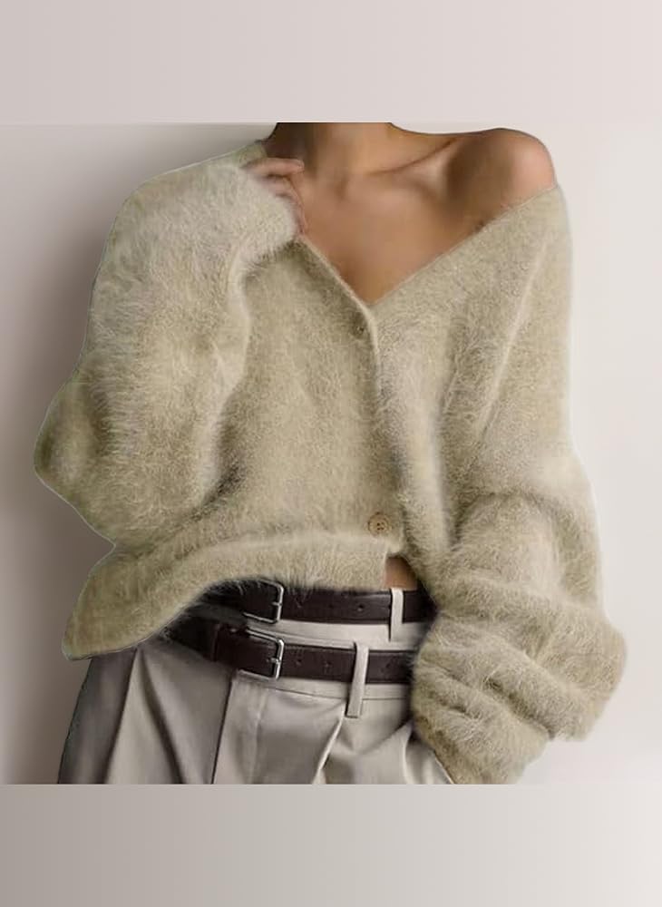Women's Fuzzy Cardigan Sweater Slouchy Fluffy Loose Button Furry