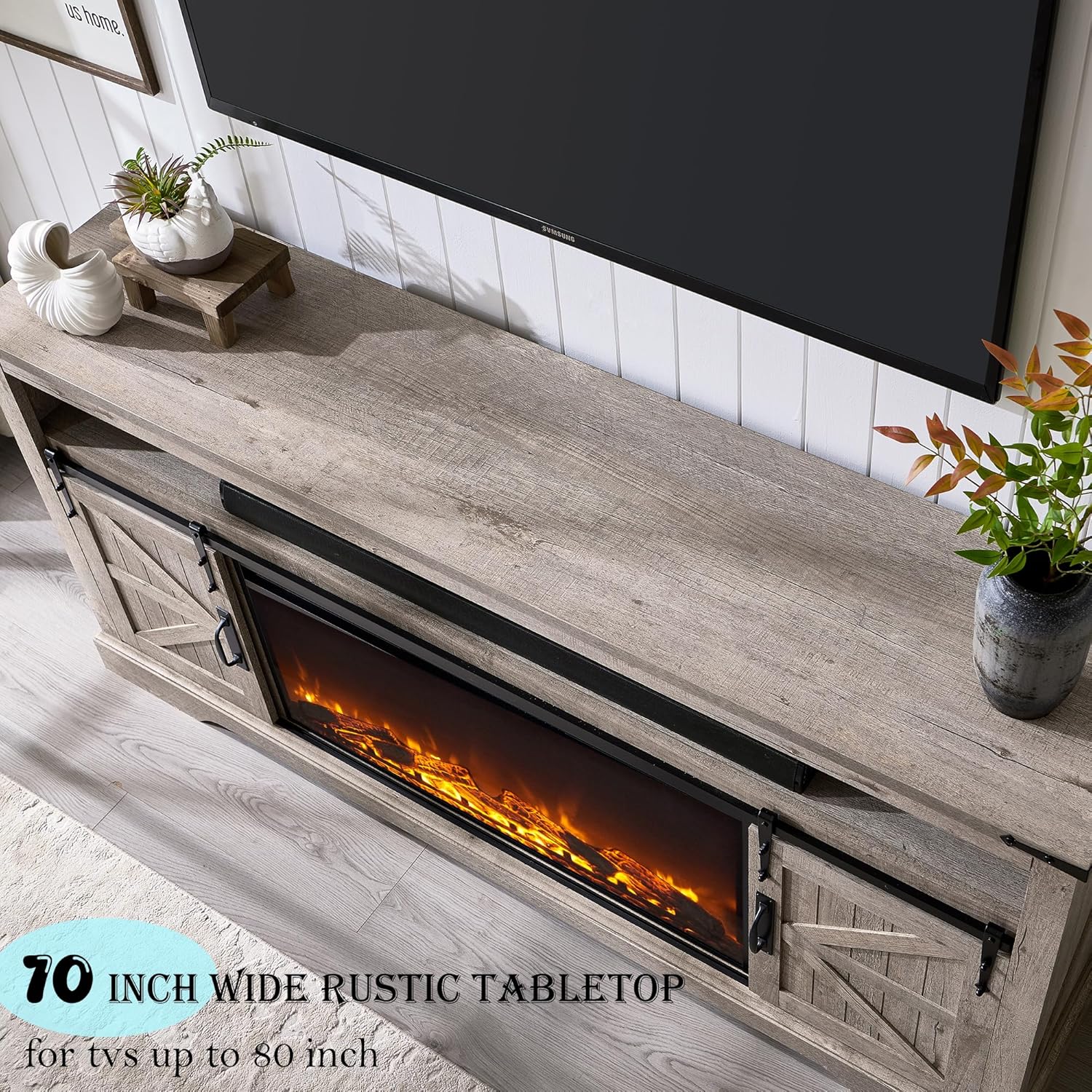 OKD Fireplace TV Stand for 80 Inch TV, 33" Tall Highboy Farmhouse Entertainment Center w/ 36'' Electric Fireplace, Rustic Media Console w/Sliding Barn Door for Living Room, Light Rustic Oak