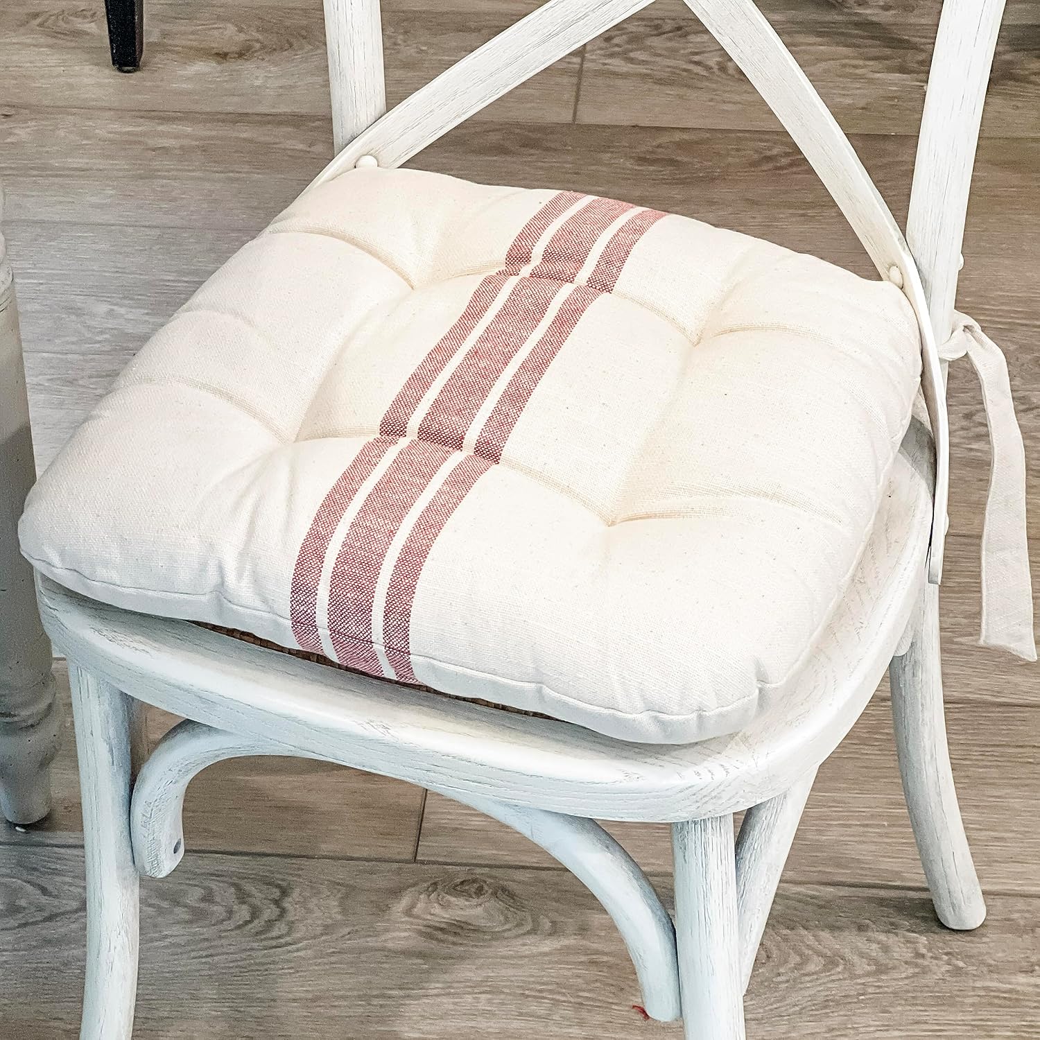 Piper Classics Market Place Red Grain Sack Stripe Chair Pad, 16" x 16", Farmhouse Décor Seat Cushion, Cream & Red image 2