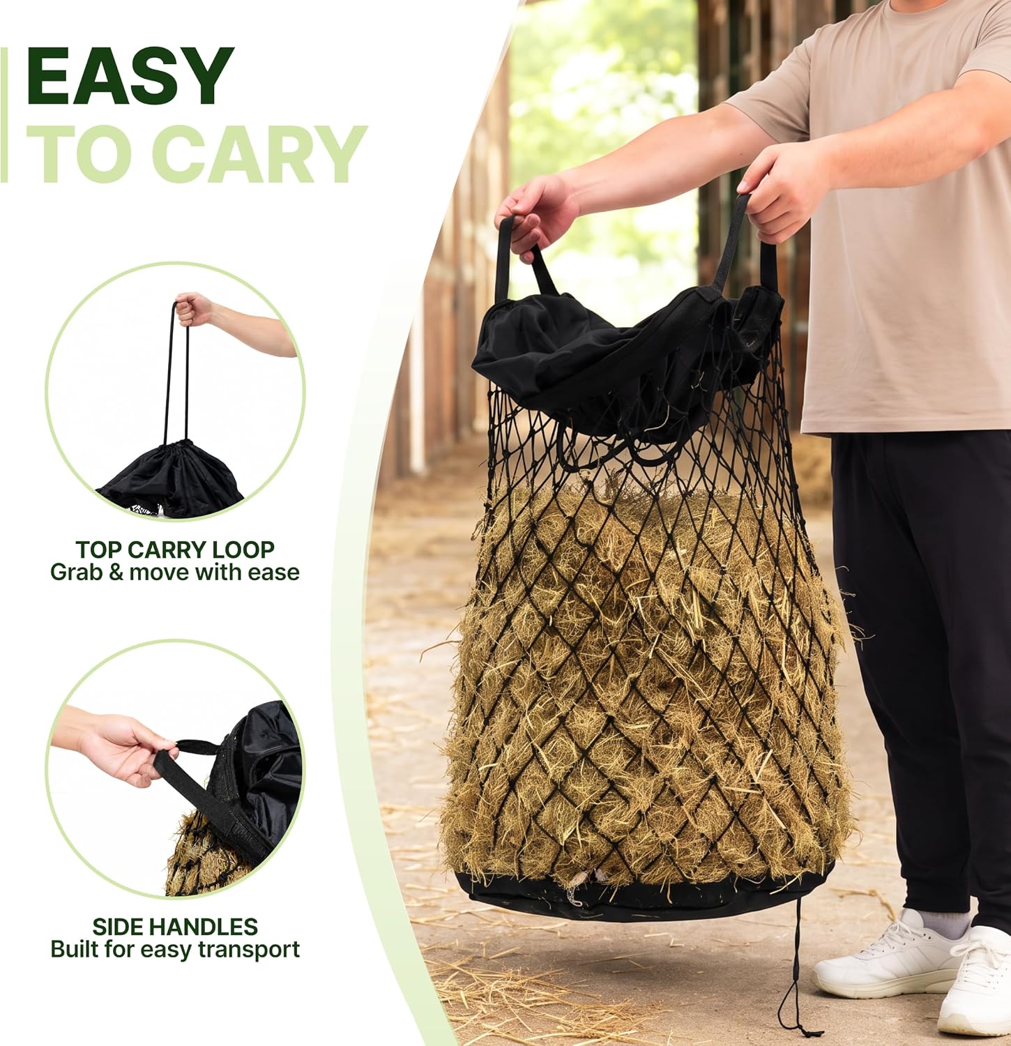 Slow Feed Hay Bag for Horses, Heavy Duty Hay Net for Horses Goats Sheep Donkey, Rigid Quick Fill Collar, 1.7 in Mesh, Waterproof 1000D Armor Bottom, Drain Holes, Stainless Steel Carabiner image 5