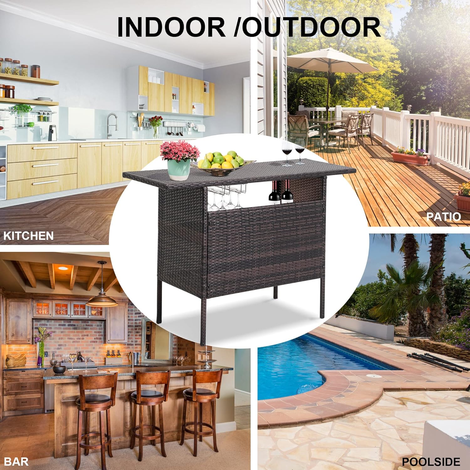 FHFO Patio Bar Table Outdoor Bar Table Patio Wicker Bar Counter Table Backyard Furniture Portable Bar Table Patio Side Table with 2 Steel Shelves and Goblet Wine Glass Holders for Pool Party Backyard