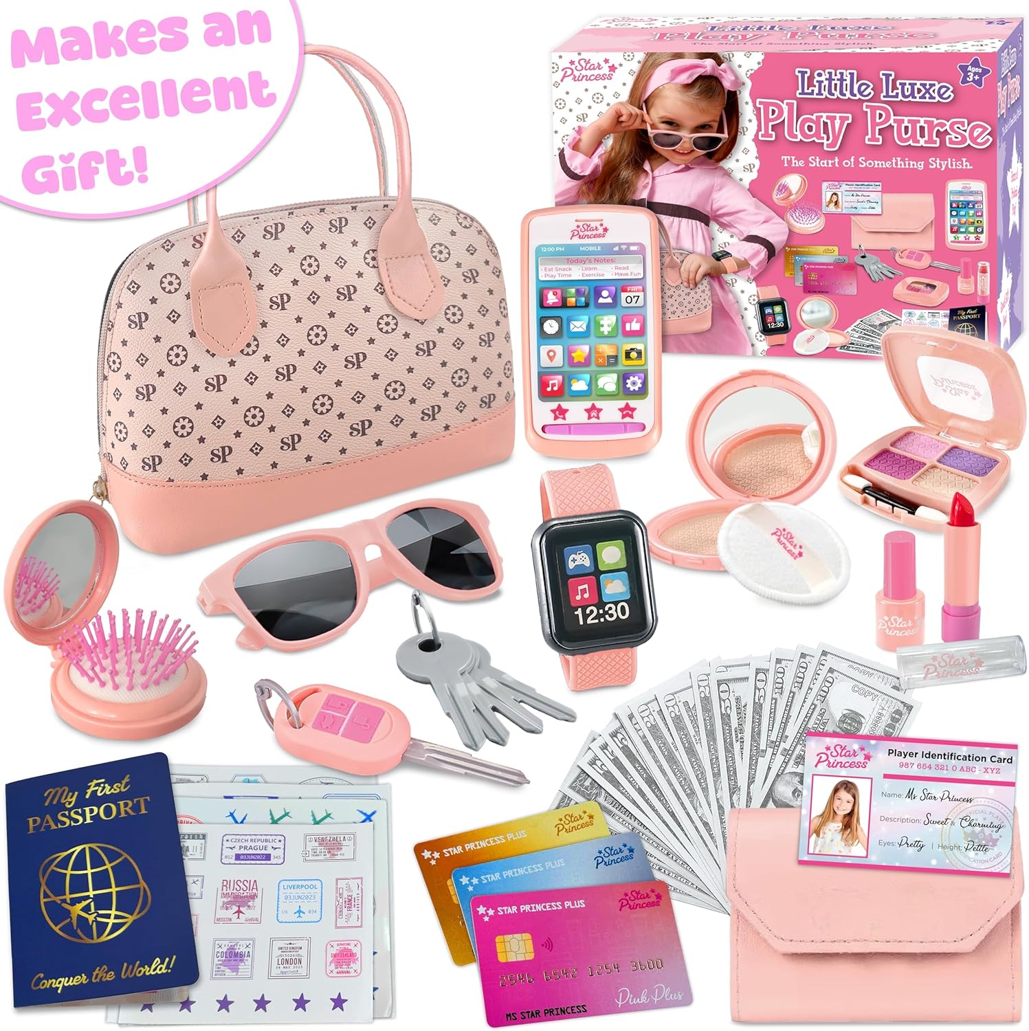 Play Purse for Little Girls - Pretend Play Toy Set for Kids Including Handbag, Makeup, Phone, Wallet, Smartwatch, Passport, Credit Cards, Keys - Birthday Gift Ideas for Girls Age 3 4 5 6 7+