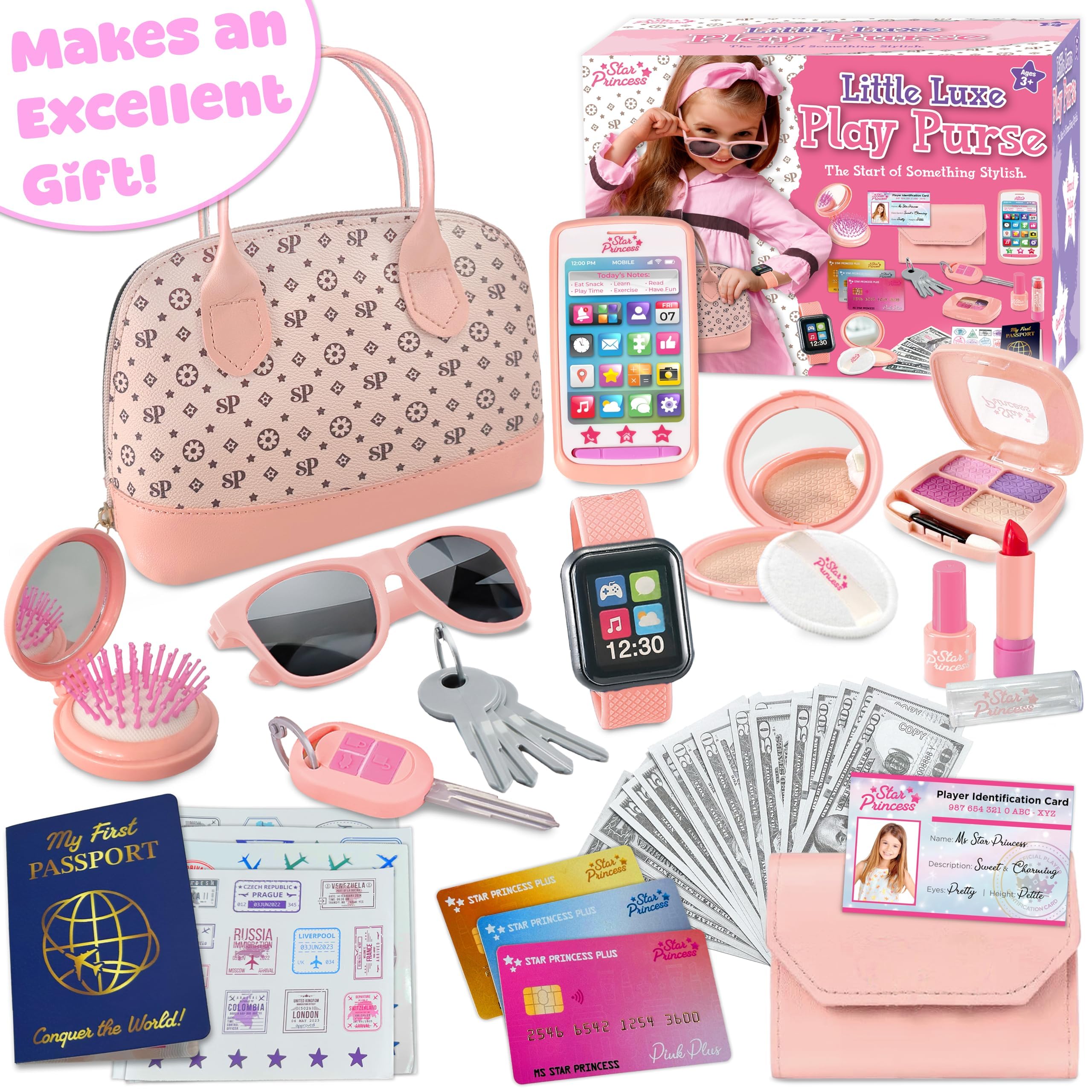 Bolsa de juego para niñas pequeñas, juego de juguetes de simulación para niños, incluye bolso, maquillaje, teléfono, cartera, reloj inteligente, pasaporte, tarjetas de crédito, llaves, ideas de regalo 6