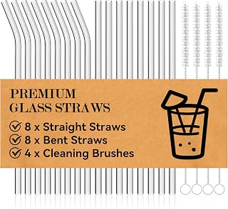 Foogwee 20-Pack Reusable Glass Straws - 8 Straight & 8 Bent 8.5" x 10mm Clear Borosilicate with 4 Cleaning Brushes for Smoothies, Cocktails