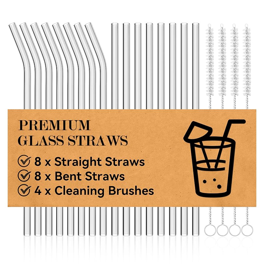 Reusable Glass Straws Set, 8.5'' x 10mm Clear Drinking Straws for Smoothies, Shakes, Coffee, Juice, Sodas, Milk, Tea, Cocktails, Set of 8 Straight and 8 Bent with 4 Cleaning Brushes