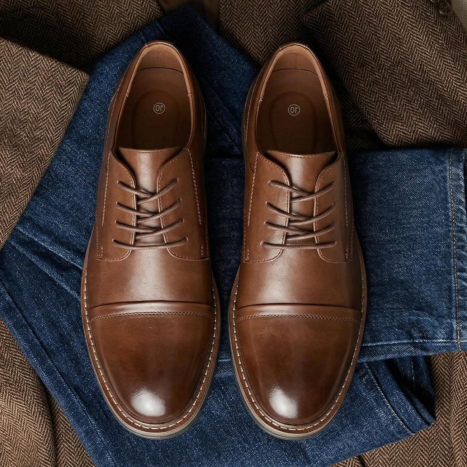 Mens Dress Shoes Classic Cap Toe Oxford Shoes with Anti-Slip Cushioned Sole & Arch Support, Comfortable Derby Shoes for Office Wedding Party