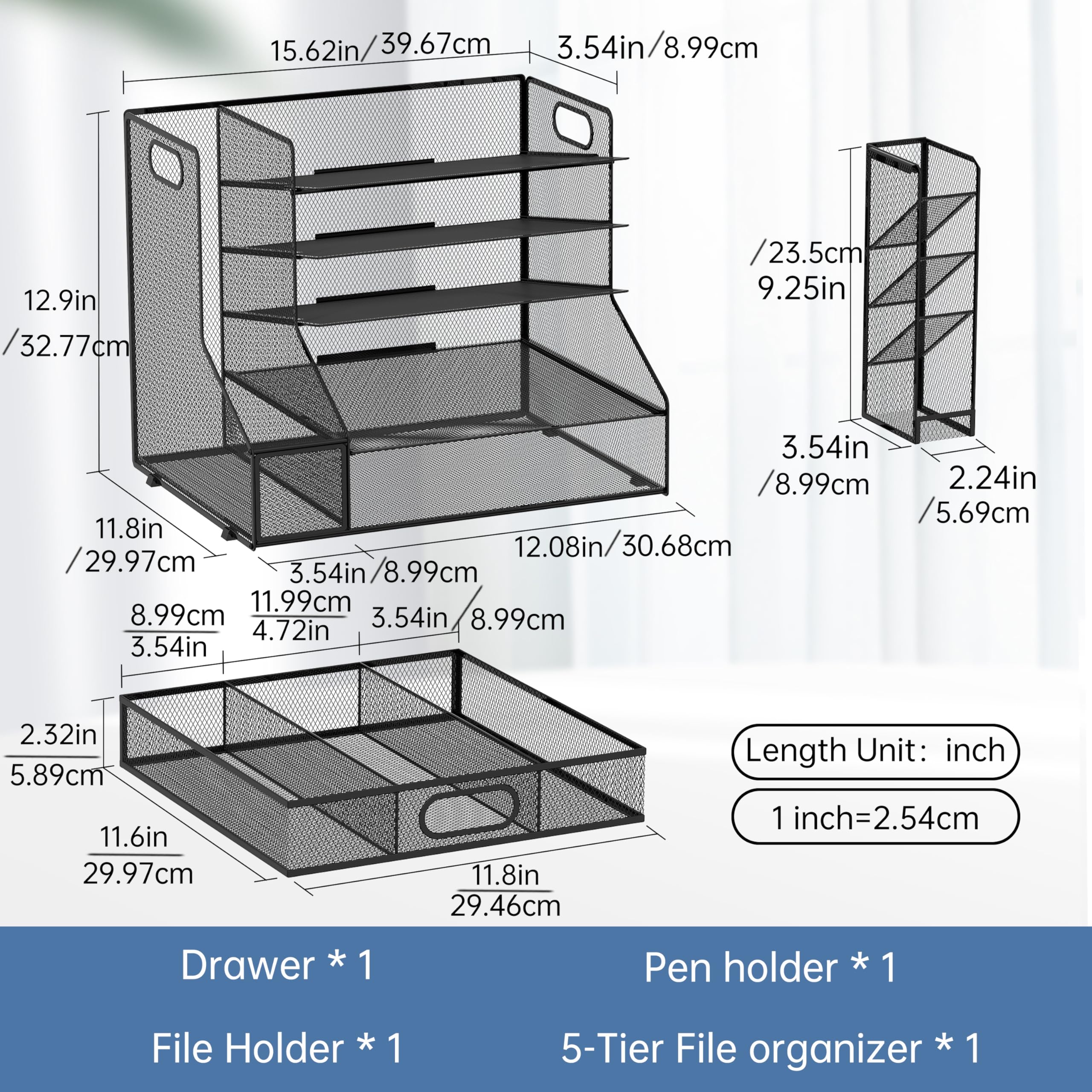 Organiseur de bureau avec porte-documents, plateau en maille à 5 niveaux, avec porte-stylo et tiroir, pour fournitures de bureau, noir