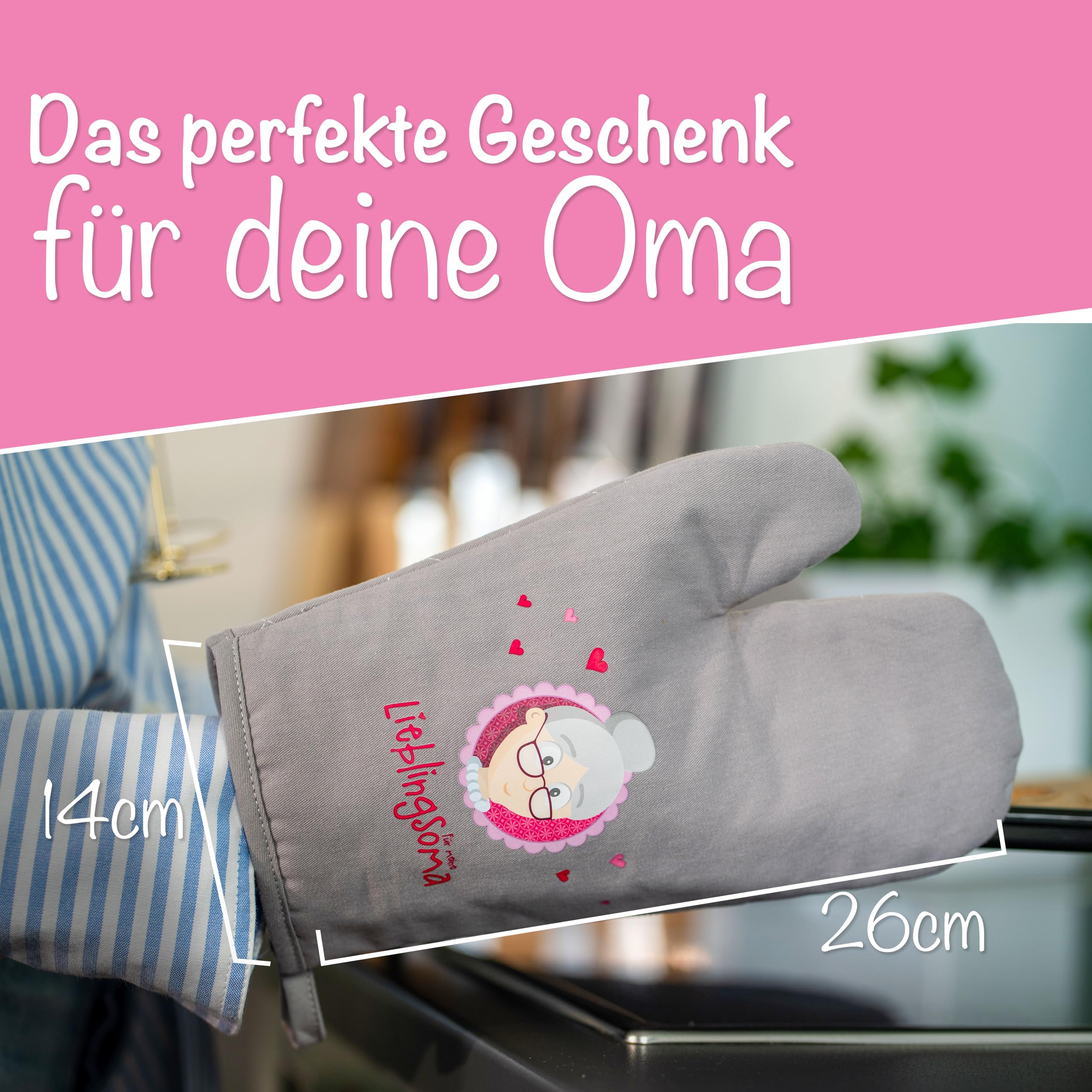 Myoma Ofenhandschuhe für Oma – Hitzebeständige, langlebige Küchenhandschuhe (Paar) Omas zum Geburtstag & Weihnachten, lustige Backhandschuhe für die Lieblingsoma inkl. Karte