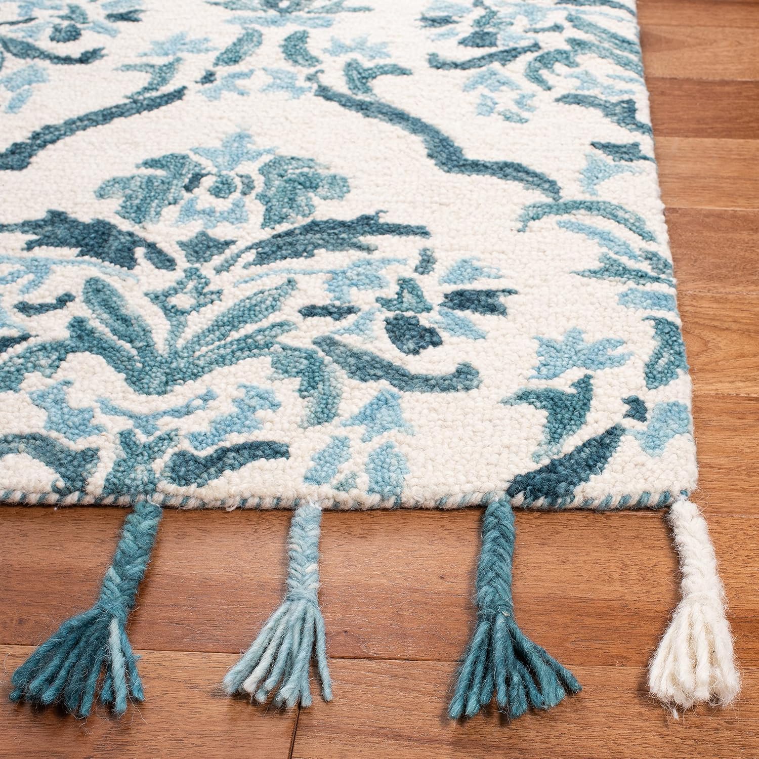 SAFAVIEH Suzani Collection 2'3" x 8' Ivory / Turquoise SZN205A Hand-Hooked Boho Premium Tassel Wool Runner Rug