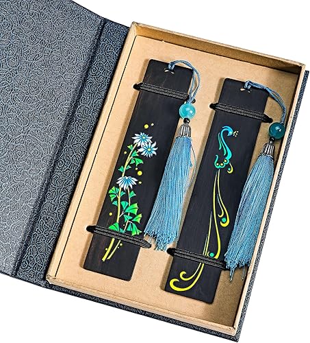 Marcapáginas de madera de color natural hecho a mano con borla - Pavos reales y orquídeas