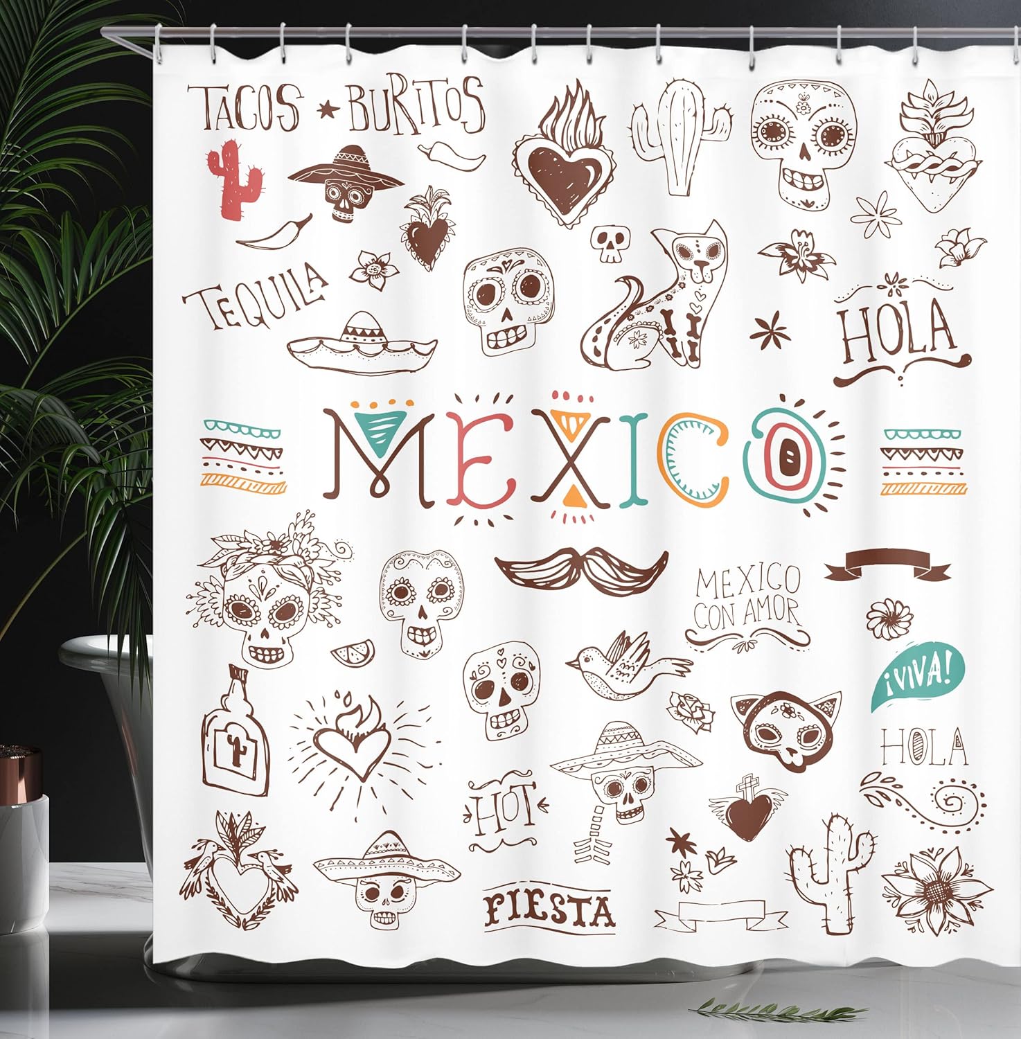 Ambesonne Mexican Shower Curtain, Mexican Latino Doodles Hipster Mustache Restaurant Cat Heart Viva Fiesta, Cloth Fabric Bathroom Decor Set with Hooks, 69" W x 75" L, Brown Turquoise