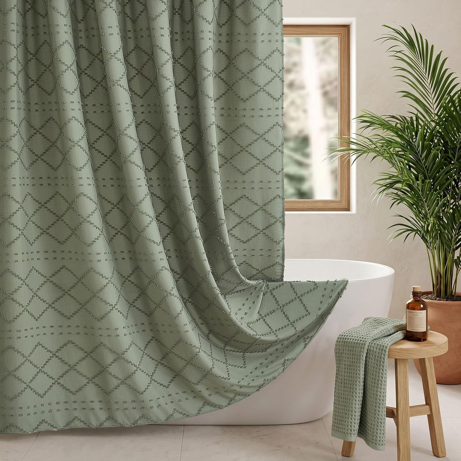 Siiluminisoy Extra Long Sage Green Boho Shower Curtain Woven Fabric Cute Shower Curtain, 72 x 78 Tufted Chevron Textured Striped Modern Farmhouse Minimalist Cloth Shower Curtains for Bathroom