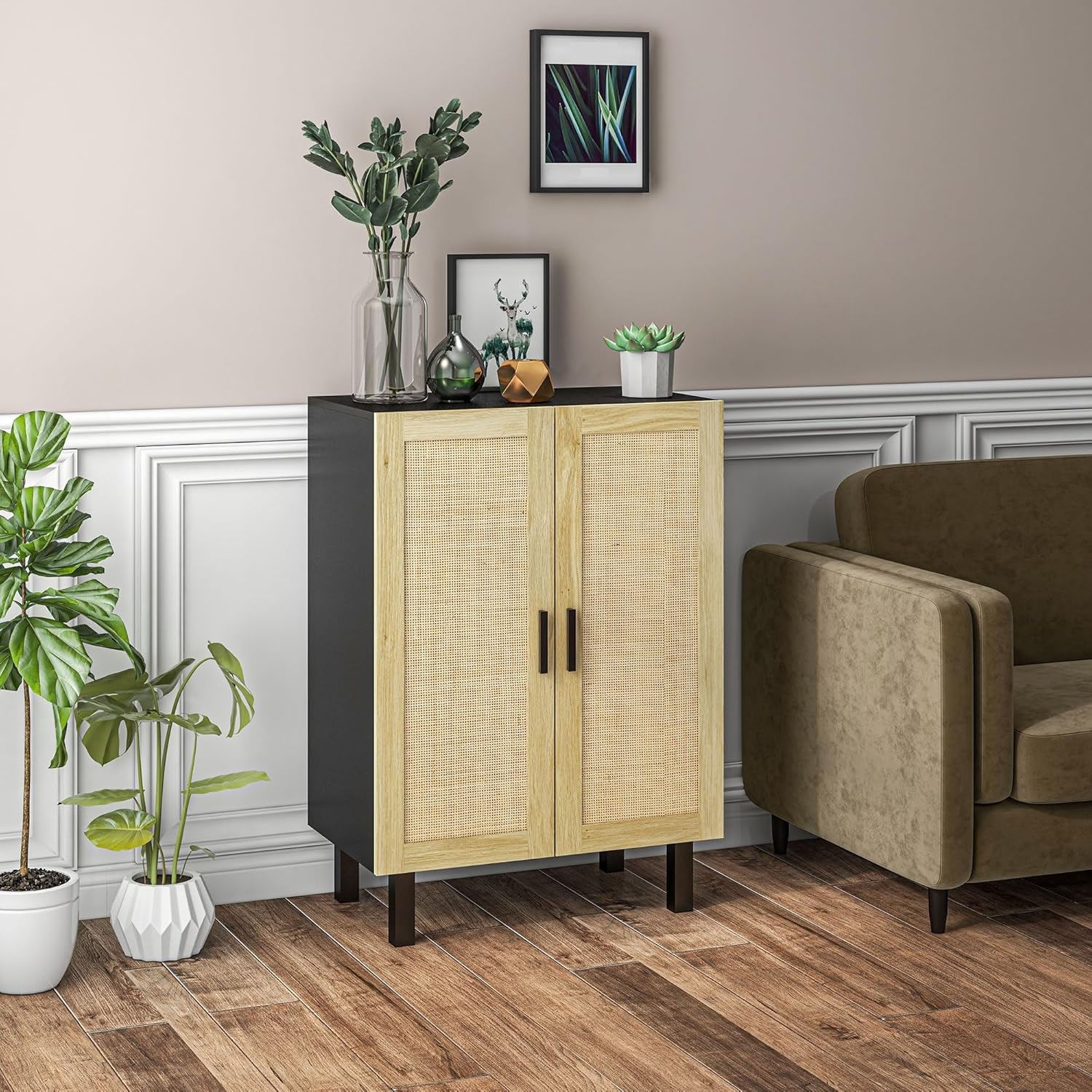 Rattan Door Sideboard Buffet Cabinet, Stylish Coffee Cabinet with Adjustable Shelves for Living Room, Dining Room, Storage and Organization