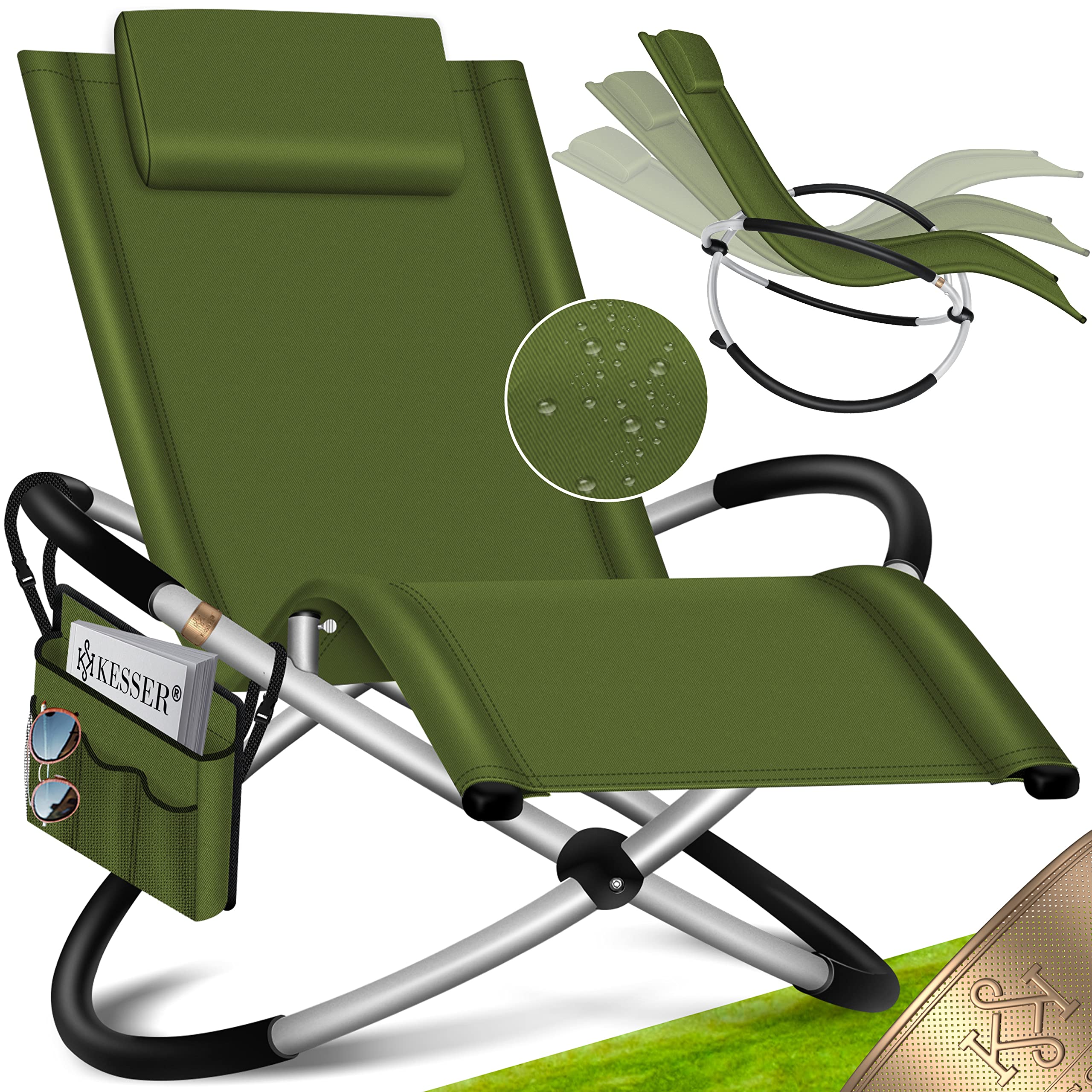 KESSER® Relaxliege Liegestuhl | Gartenliege Sonnenliege | Gartenstuhl | Klappstuhl faltbar | Schwungliege | Schaukelsessel | ergonomische Relaxsessel | wetterfest | 180 kg Belastung, Khaki
