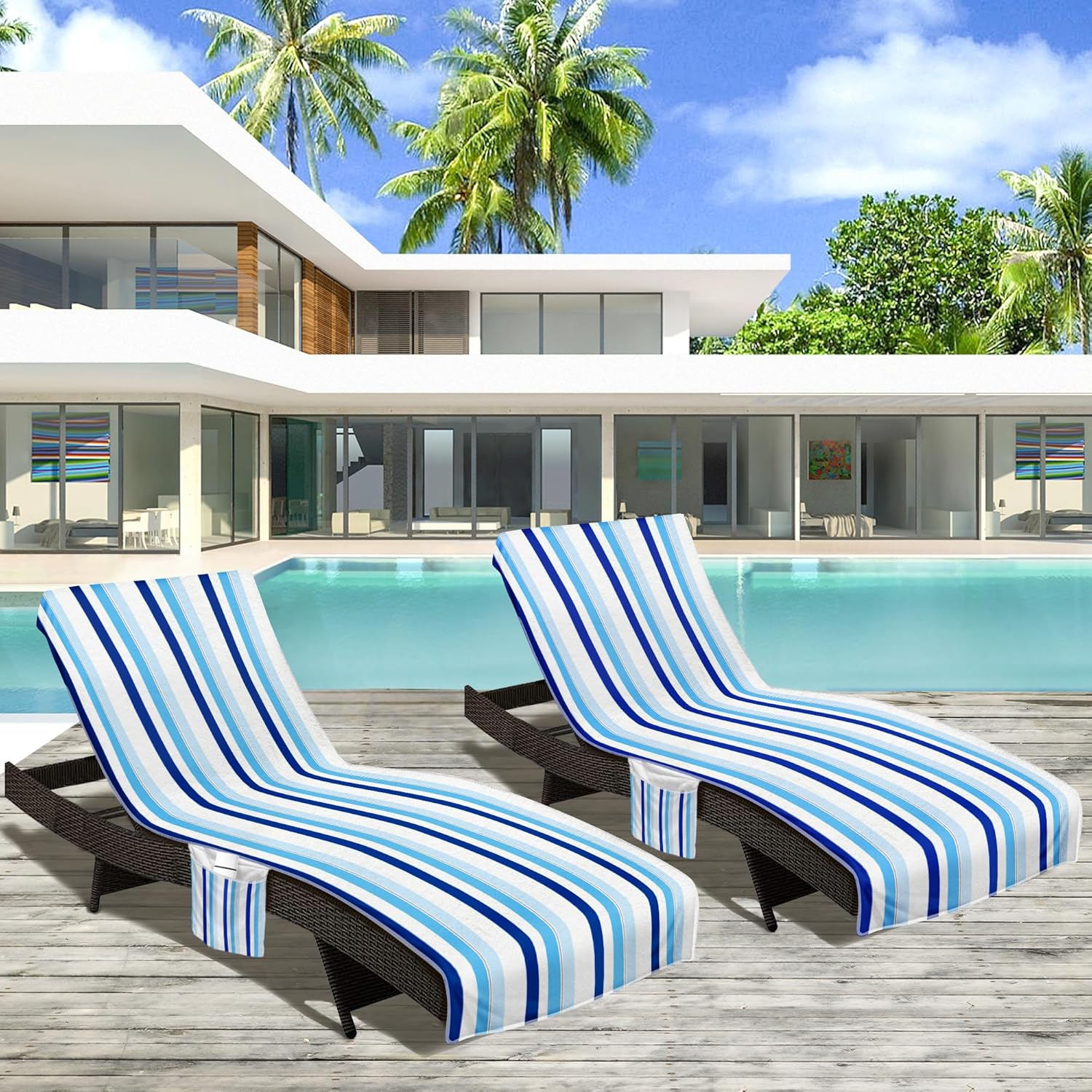Lounge Chair Towel Cover, Chaise Lounge Covers (Pack of 2), Striped Lounge Chair Towels with Fitted Top Pocket for Pool, Beach,Vacation Travel, 85 x 30 in, Striped Blue White Black
