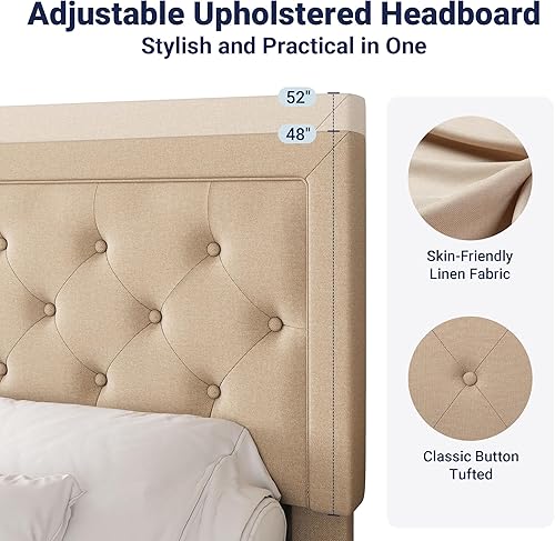 Miniatura 4 de Allewie Queen Size Button Tufted/Fabric Upholstered Bed Frame with Adjustable Headboard/Wood Slat Support/Mattress Foundation/Beige Beige,Gris