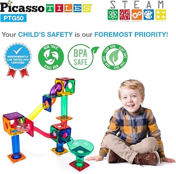 PicassoTiles 50PC Marble Run Race Track + 100PC Magnet Tiles Fun & Creative Playset Bundle: STEAM Learning & Educational Sensory Toy for Preschool & Kindergarten Kids Ages 3+, A Classroom Must Have