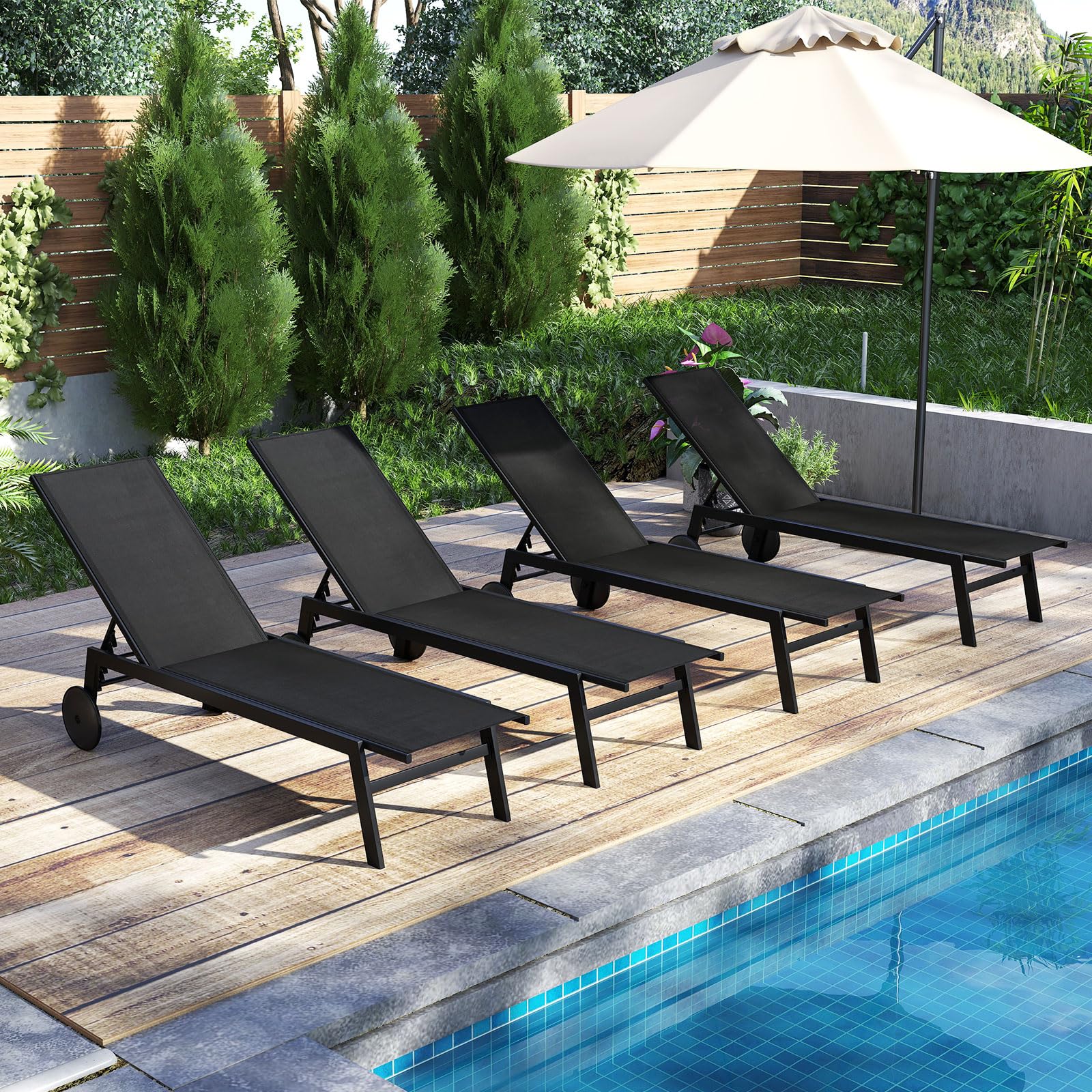 COSTWAY Lettino Prendisole da Giardino, Sdraio da Patio con Schienale Regolabile a 6 Posizioni, Tessuto Traspirante, 2 Ruote, per Piscina, Terrazza e Giardino, Portata 150 kg (Nero,1)