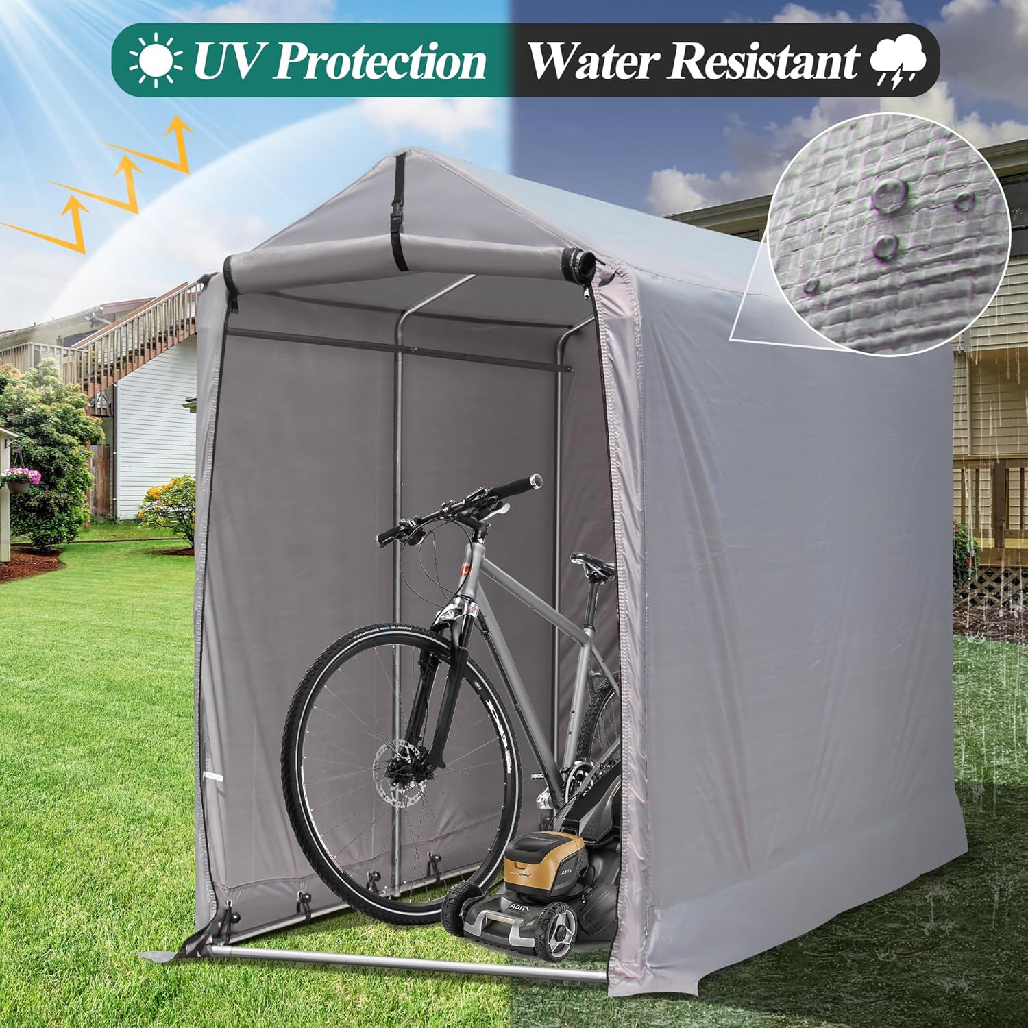 8 x 8 Outdoor Storage Shelter Shed- Heavy Duty Storage Tent with Roll-up Ventilated Windows, Portable Garage Zipper Storage shed for Bike, ATV, Motorcycle Shelter, Gray 8 x 8 Outdoor Storage Shelter Shed- Heavy Duty Storage Tent with Roll-up Ventilated Windows, Portable Garage Zipper Storage shed for Bike, ATV, Motorcycle Shelter, Gray