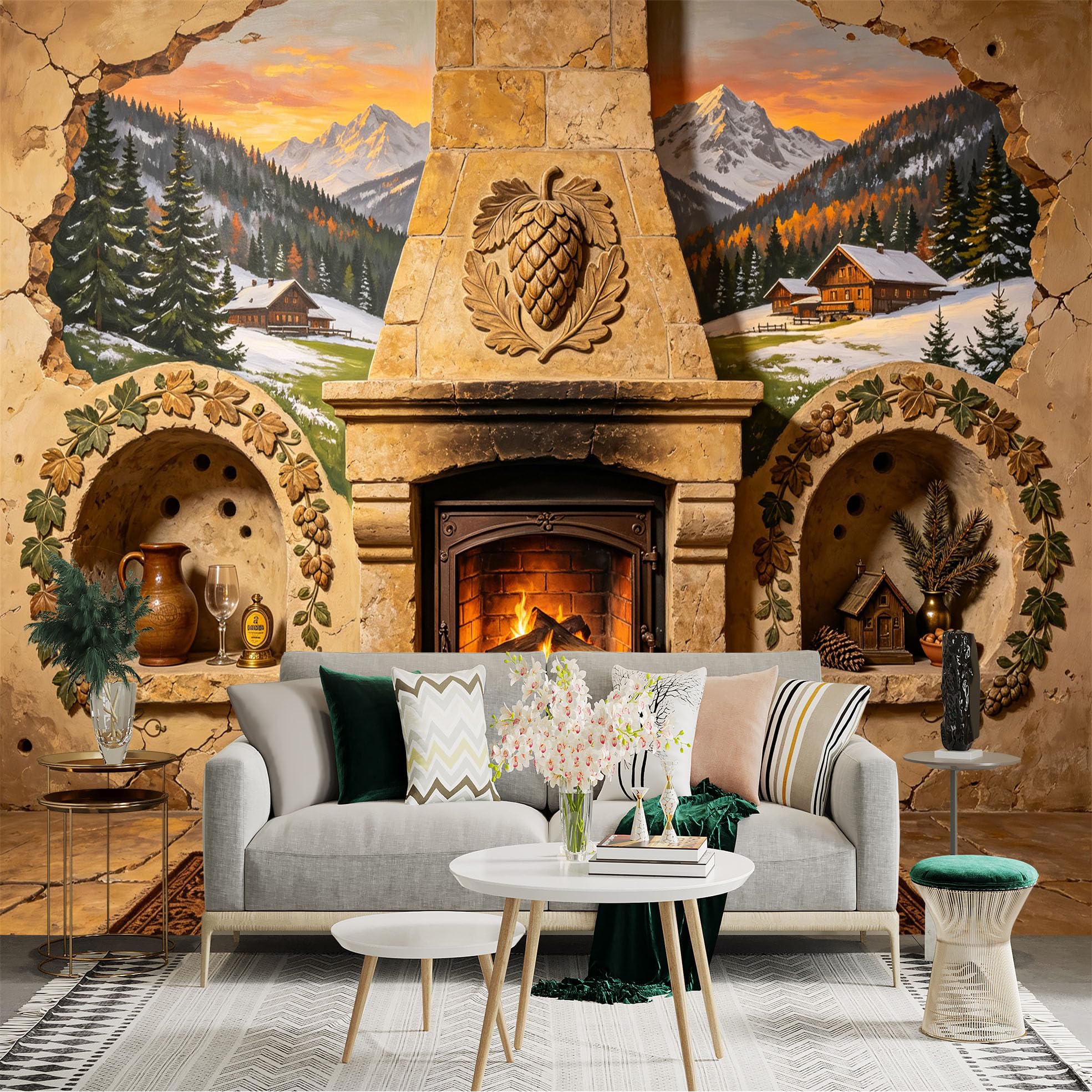 Lnzczhyre Bh260719720 Custom Size Wall Sticker Mural， Alpine Landscape With Snowy Mountains And Wooden Chalets， For Wall Decoration， Peelandstick Wall Decals.