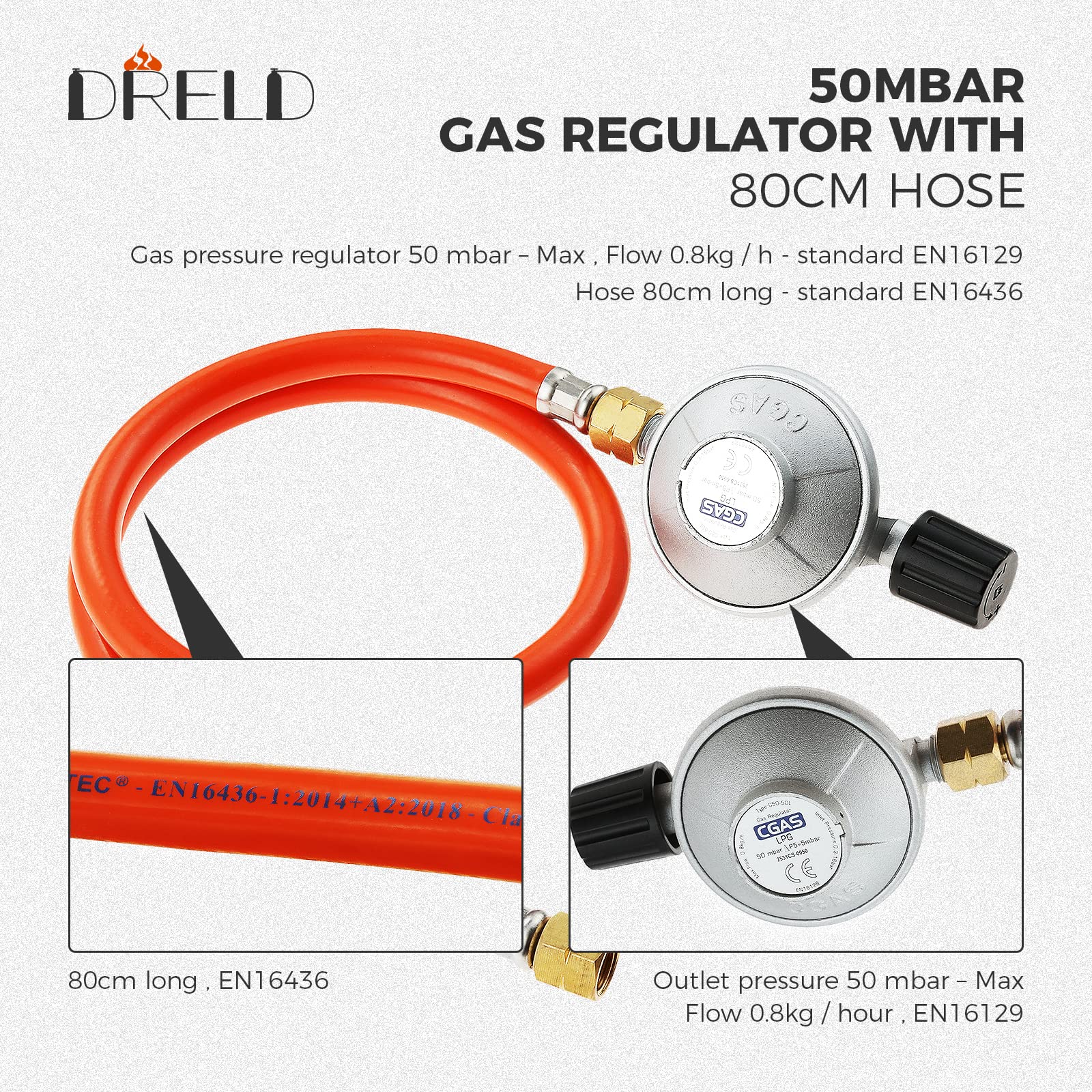 DRELD Regulador ajustable de 50 mbar con manguera de 80 cm de largo, rosca izquierda de 1/4 pulgadas y rosca universal hembra de 7/16 pulgadas para parrilla de gas de camping, botella de propano y