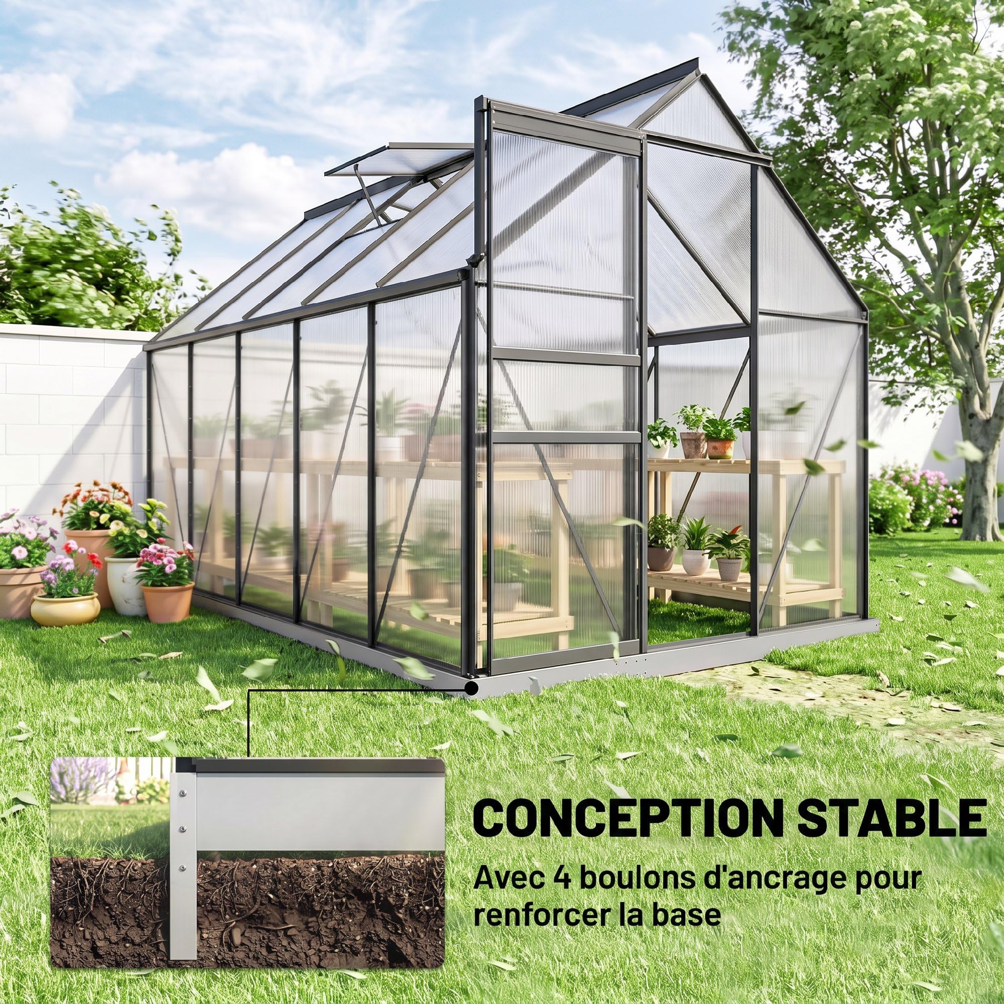 Outsunny Serre de Jardin 7 m² avec Fondation 190 x 375 x 199 cm Gris Foncé | en Aluminium Polycarbonate, Fenêtre Réglable, Porte Coulissante, Abri Extérieur Résistant aux Intempéries