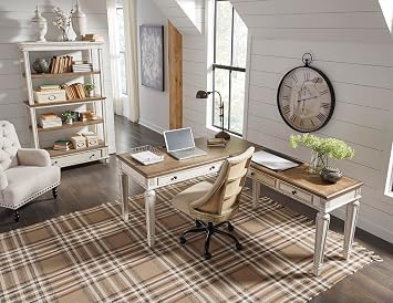 Signature Design by Ashley Realyn Farmhouse Home Office Desk, 2 Drawers, Drop-down Drawer, USB Charging, Wood, 60 W x 28 D x 31 H, Chipped White and Brown