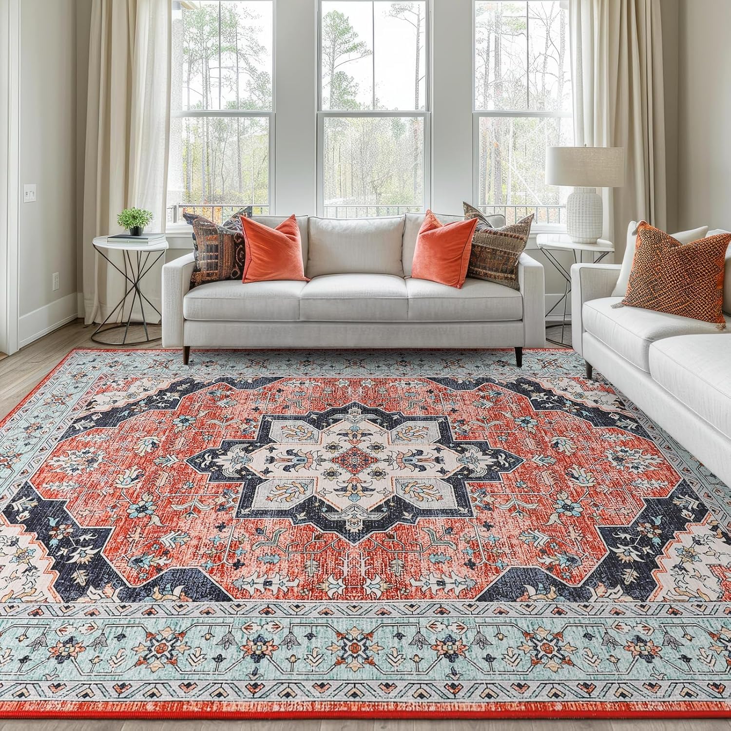 Tappeto Salotto Moderno Lavabile 140 x 160 cm Tappeti Camera da Letto Tappeto Pelo Corto Antiscivolo Morbido Tappeti Moderni Soggiorno Grandi Stile etnico retrò blu rosso