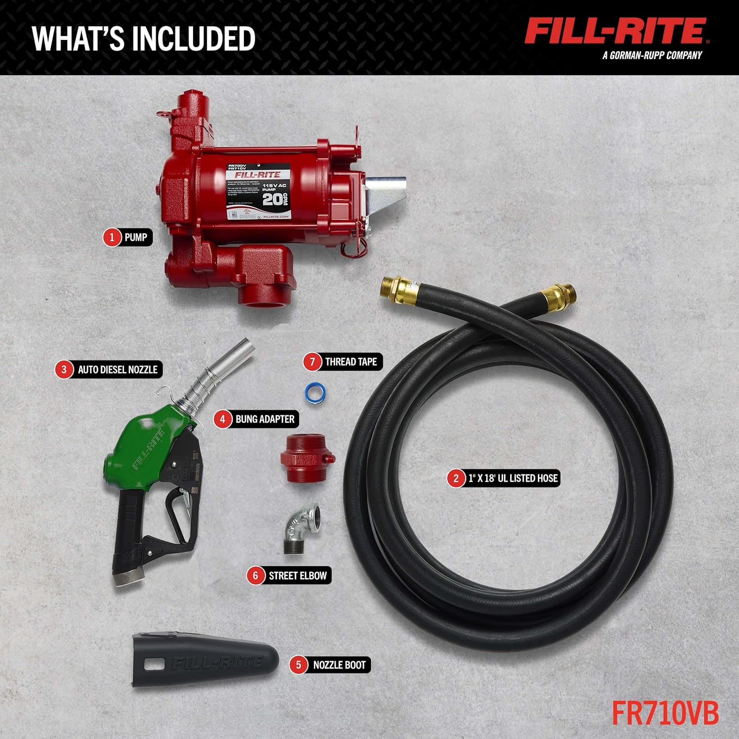 Fill-Rite FR710VB 115V 20 GPM Fuel Transfer Pump with Discharge Hose & Automatic Nozzle, Red | Gasoline, Diesel, Kerosene, Ethanol Blends, Methanol Blends & Biodiesel up to B20
