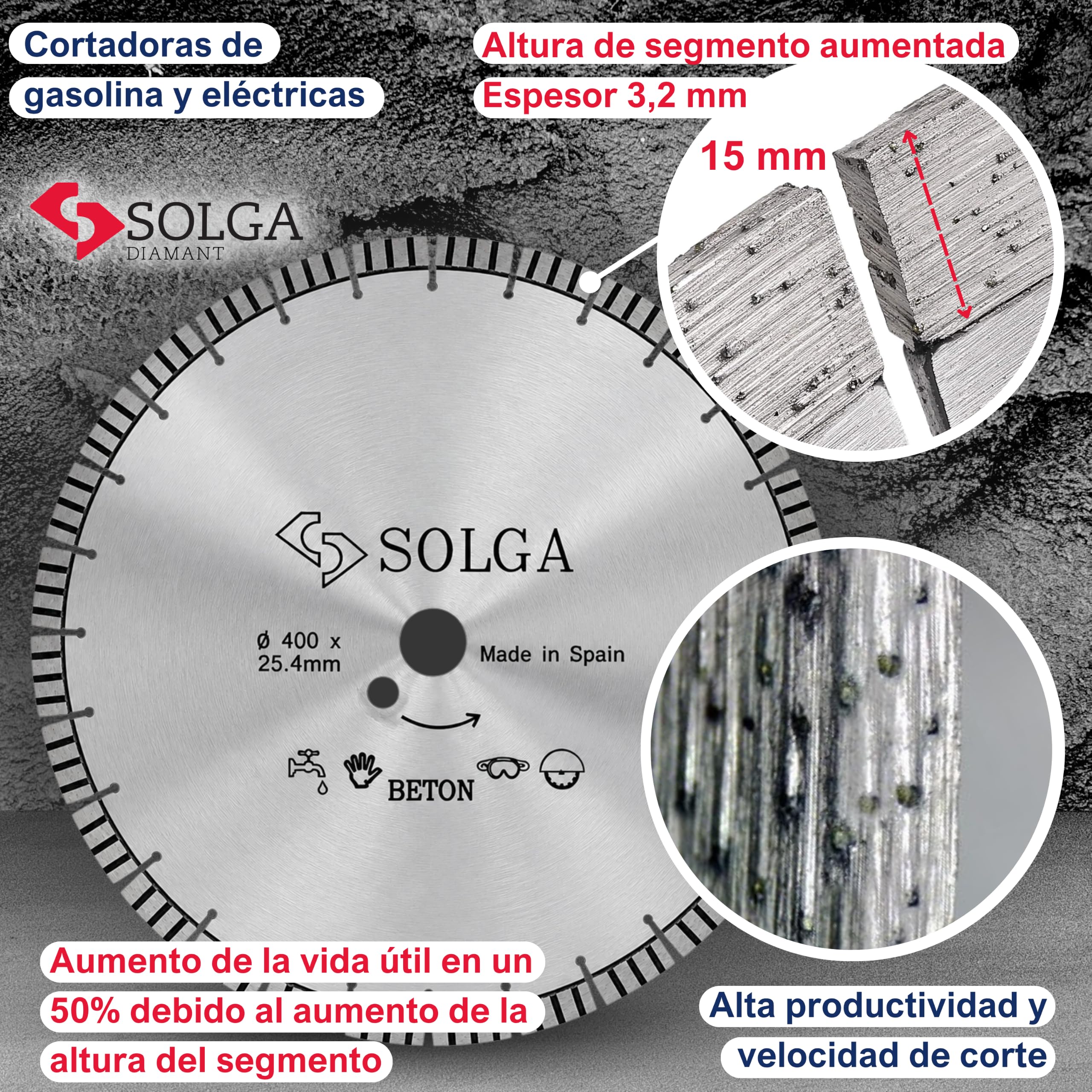 SOLGA Disco de corte Diamant Turbo de 400 mm, hormigón, piedra, hormigón armado, ladrillo, granito, asfalto, amoladora angular (gasolina/eléctrica), larga vida útil, orificio de 25,4 mm