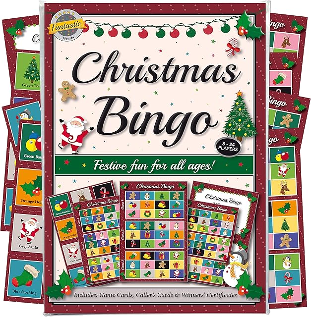 Christmas Party Bingo Game: Fun for guests of all ages - more entertaining than a xmas quiz! Novelty gift idea for a family stocking filler bag or secret Santa present. Includes 8 games sheets that cut to provide 24 games. Great activity for work, club,