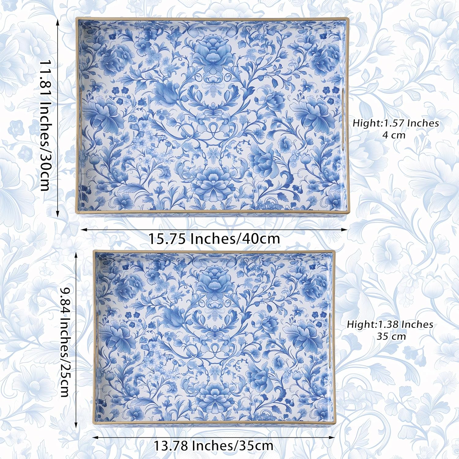Serving Tray with Handles, 2 Pack Rectangular Plastic Tray 15.75x11.81 Inch, Blue and White Peony Chinese Porcelain Style Decorative Tray for Kitchen, Dining Table, Vanity, Office & Home