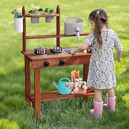 Vista 10 de ROBUD Cocina de barro para niños al aire libre, cocina de madera al aire libre, cocina de barro para niños con fregadero y grifo extraíbles, Marrón