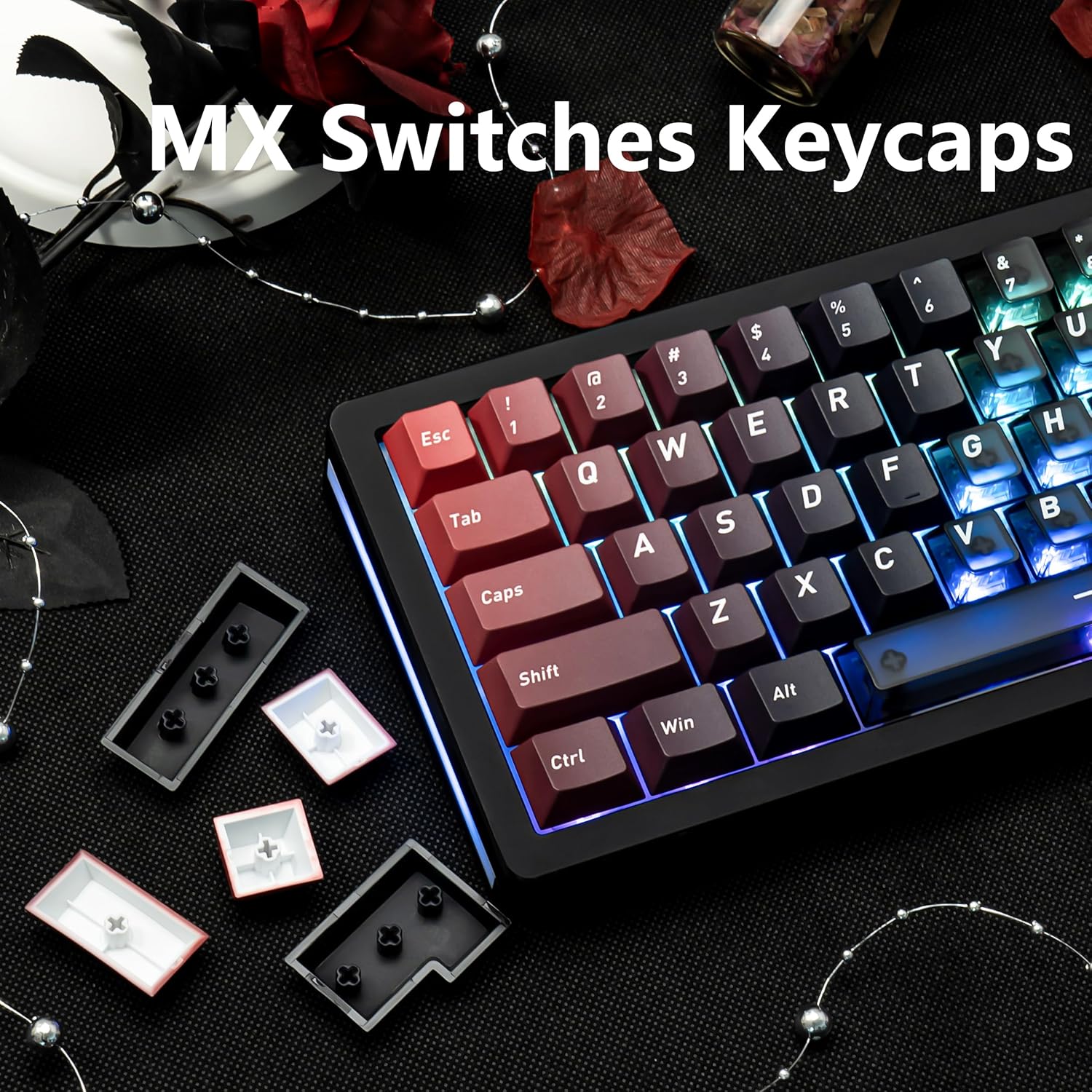 160 Keys Custom Keycap, Gradient Black and Red Crystal Transparent PBT+PC Keycaps Cherry Profile Clear Keycaps Set Fit for 61/64/87/98/104/108 Cherry Mx Switches Mechanical Keyboard