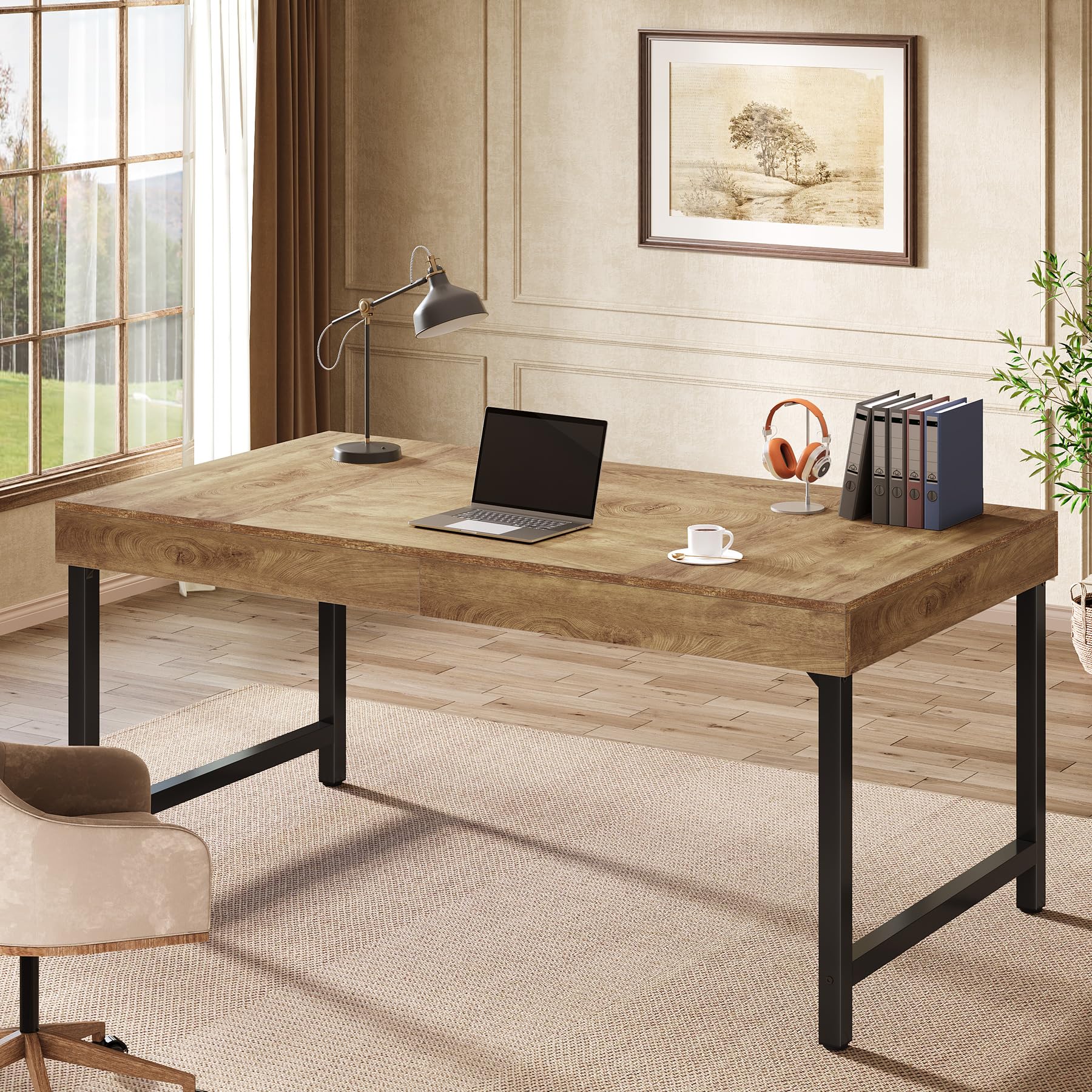 Tribesigns Escritorio de jefe industrial, mesa de ordenador para oficina en casa, mesa rústica simple para ordenador portátil con patas de metal fuertes, escritorio de trabajo, espacio de trabajo de