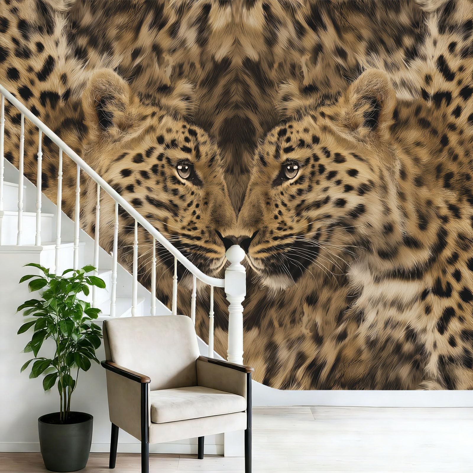 Tapeta ścienna 350 x 256 cm do salonu sypialnia kuchnia - wzór zwierzęcy nadruk w panterkę - łatwy w montażu, druk o wysokiej rozdzielczości, wodoodporny i łatwy do czyszczenia, brązowo-żółty czarny