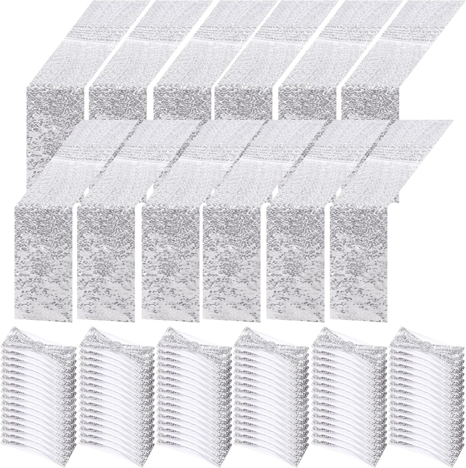Newwiee 108 Pcs Silver Chair Sashes and Table Runners, 96 Sequin Chair Bows, 12 Glitter Table Runners for Birthday Party Wedding Banquet Holiday Decorations