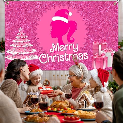 Miniatura 4 de Decoración de fondo de Navidad con purpurina rosa intenso, suministros de Navidad 2023 para niña, fiesta temática de película, fondo de fotografía