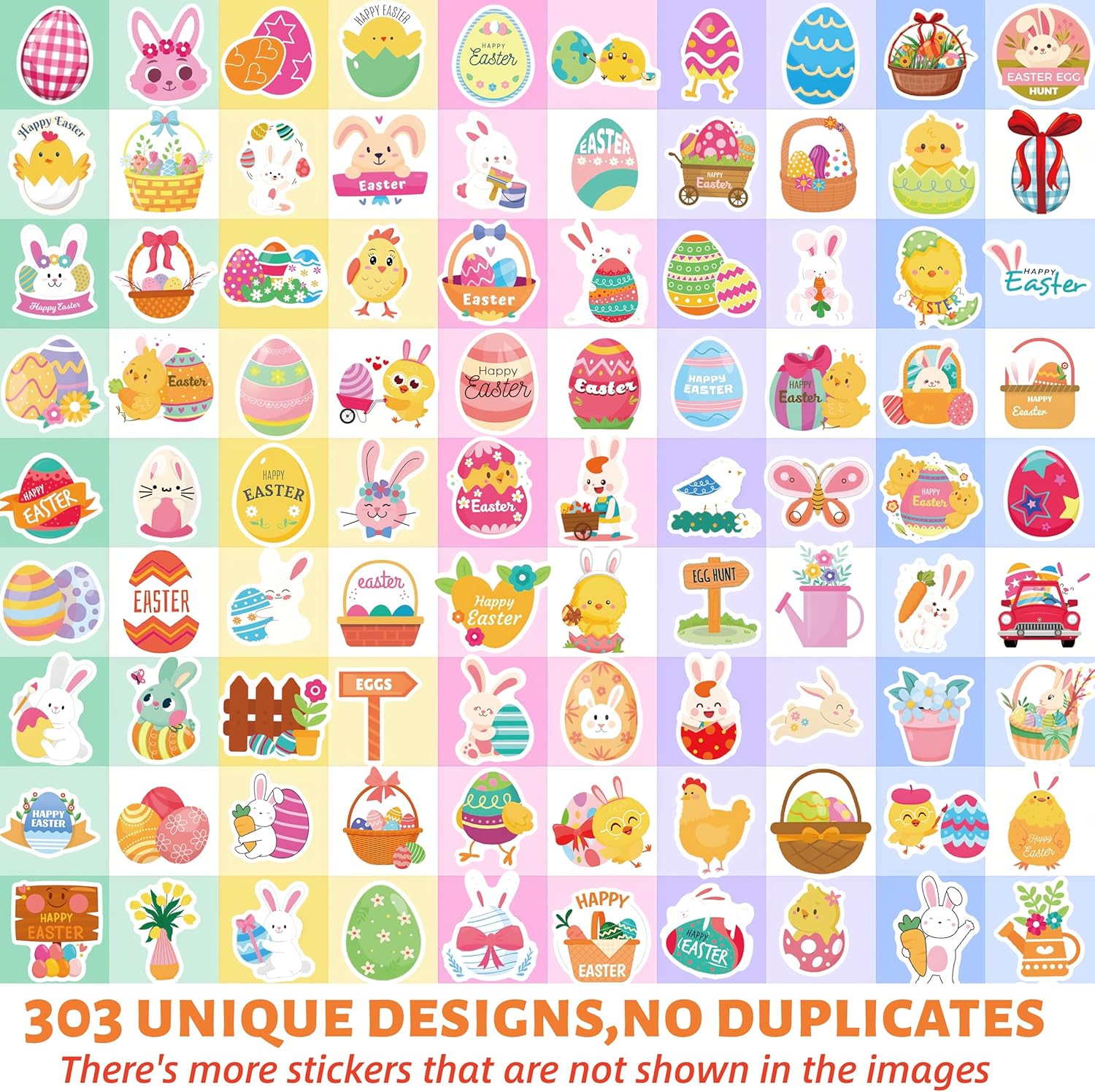 303 PCS Easter Stickers, Vinyl Waterproof Easter Stickers for Kids,Cute Egg Sticker for Water Bottle Laptop Cards,Non-Repeating Basket Stuffers Party Decorations Favor Gifts for Boys Girls Teens