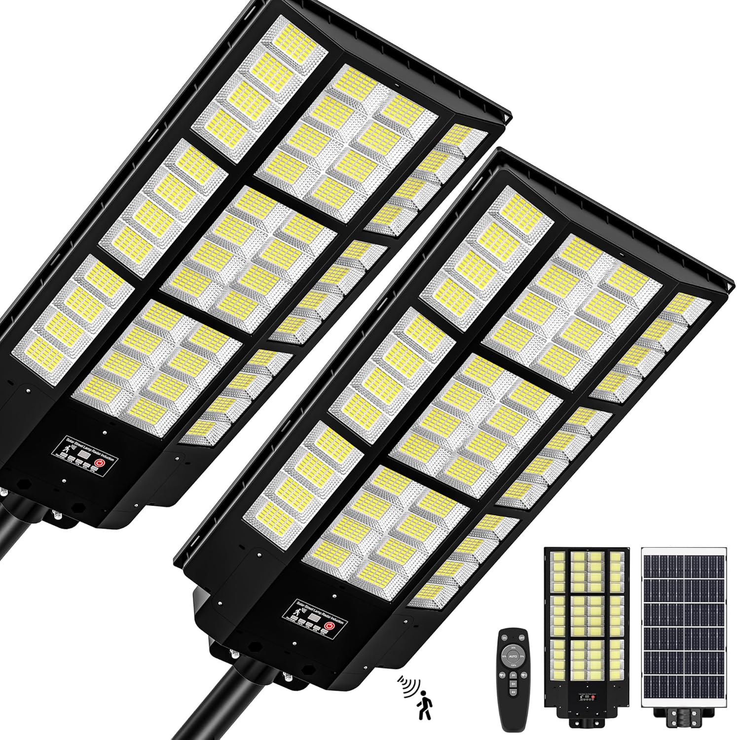 15000W Solar Street Light, 2 Pack Super Bright Solar Street Lights Outdoor Waterproof, 320° Flood Lights Outdoor with Dusk to Dawn Motion Sensor Remote, 62000mAh IP67 for Parking Lot Yard Garage Farm