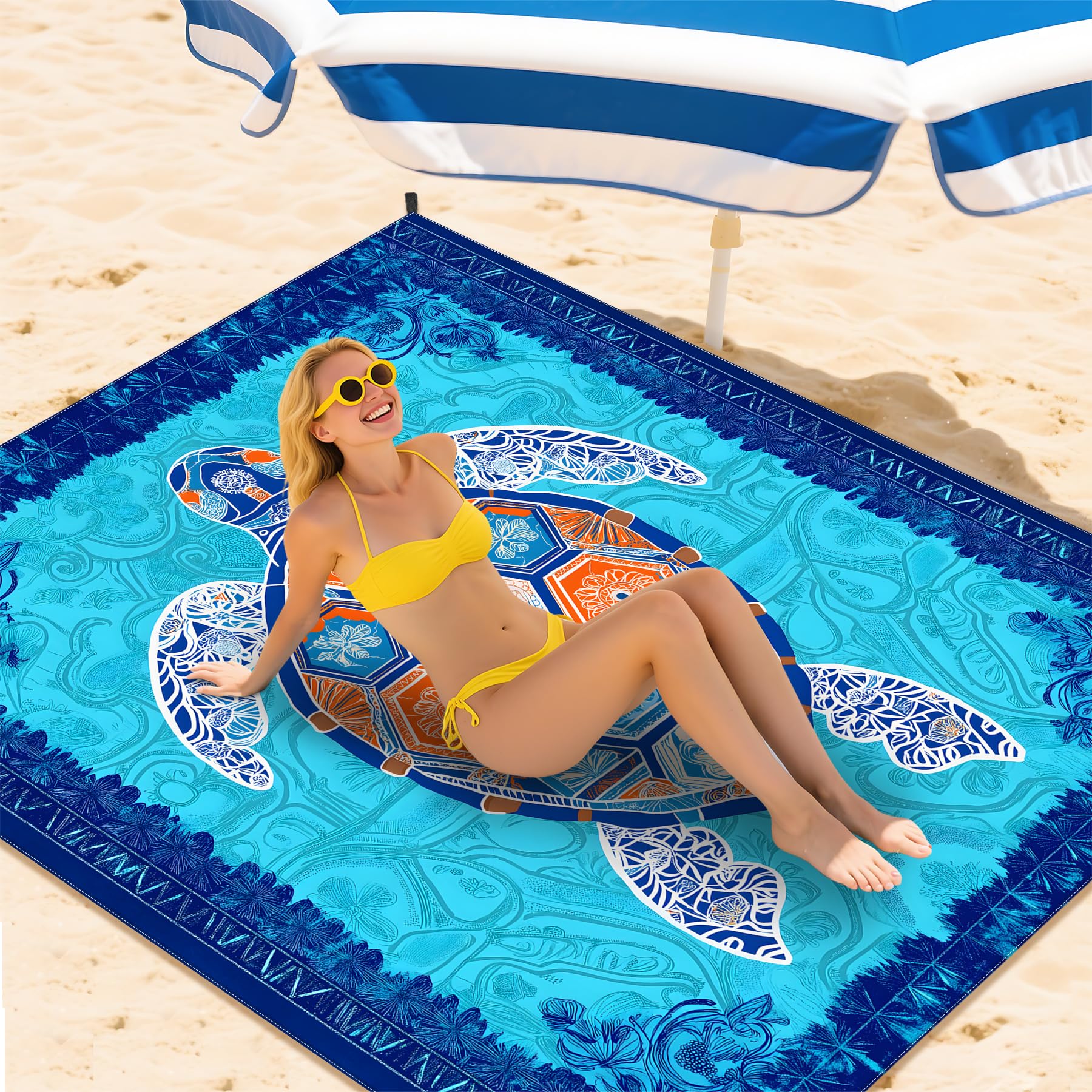 NYZE Beach Blanket Waterproof Sandproof Extra Large Picnic Beach Mat for 1-8 Adults Durable Outdoor Mat with Stakes for Beach Travel Camping Hiking 78X86in