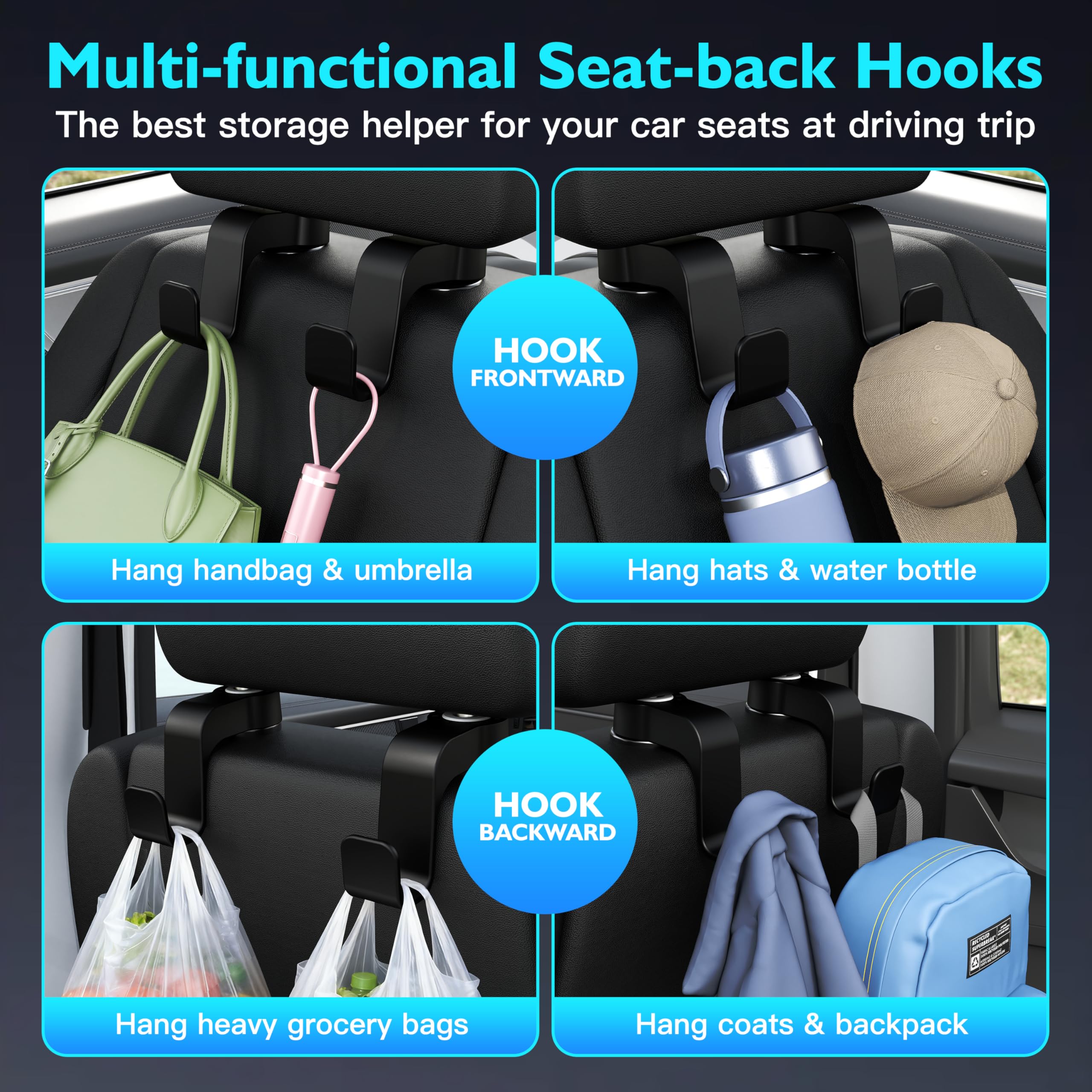 Amooca Ganchos para asiento de coche, anticaídas, para reposacabezas, organizador automotriz de ajuste universal para bolso, abrigo, paquete de 2