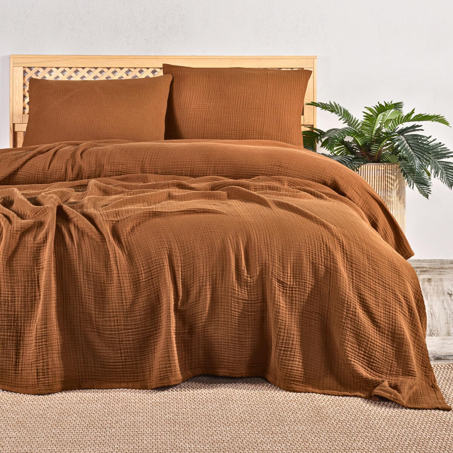Pure 100% Turkish Cotton Muslin Quilt Set 3 Pieces: 1 Blanket & 2 Pillowcases Queen XL Size, Light Thin Soft Gauze Swaddle Blanket Comfort for Adult (Camel Brown, Queen XL 91X99)