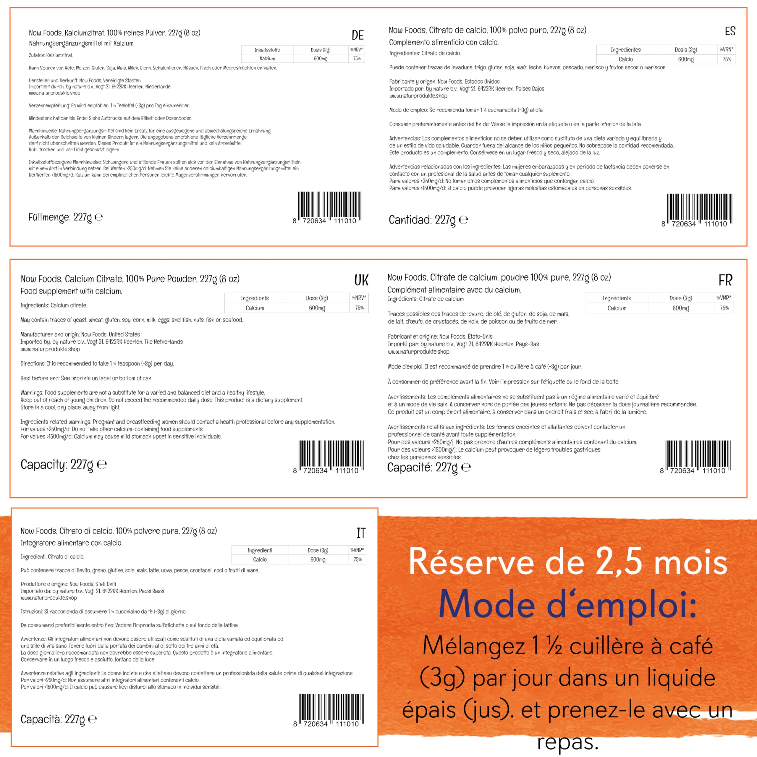 Now Foods, Calcium Citrate, Poudre Pure, 227 g, Testé en Laboratoire, Calcium, Sans Soja, Sans Gluten, Végétarien
