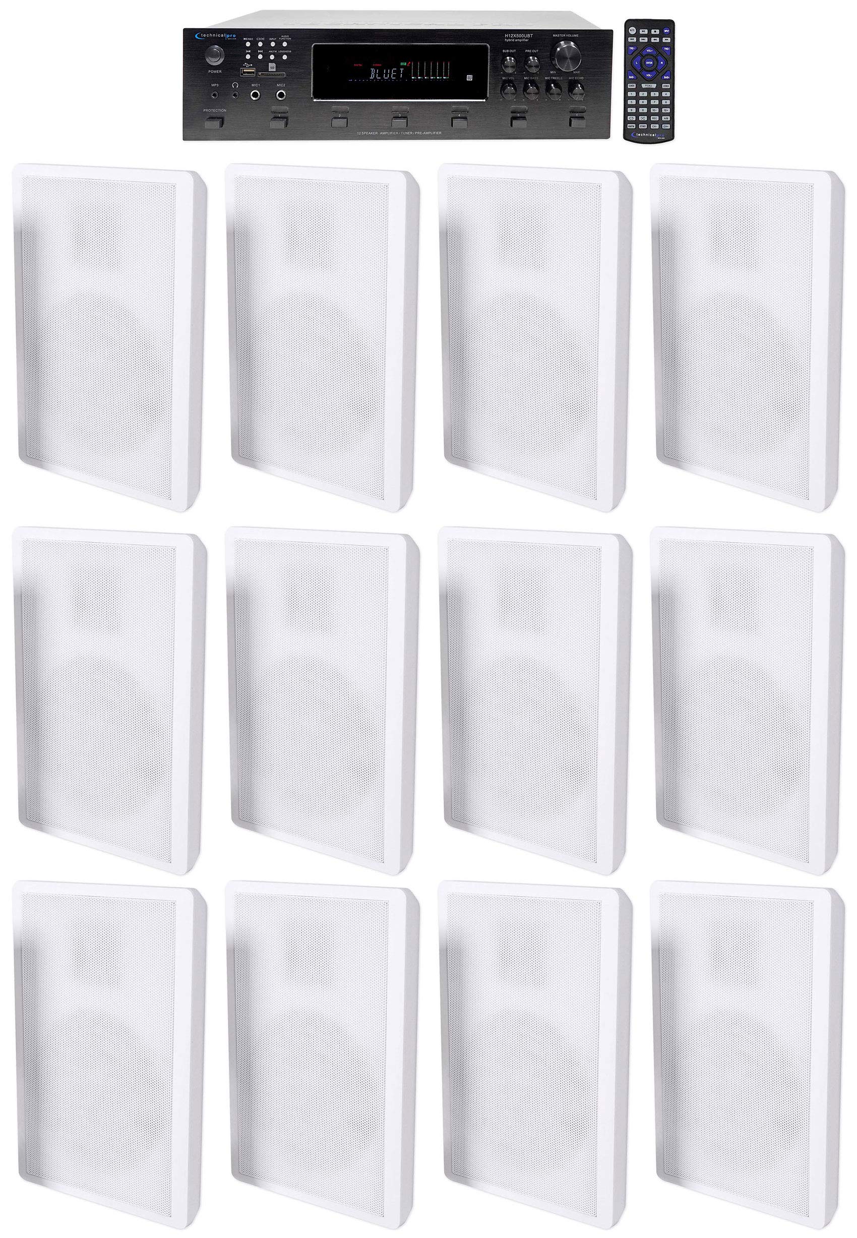 Technical Pro H12X500UBT 6000w 6-Zone 12-Speaker Bluetooth Home Theater Receiver Receiver Bundle with 2 Rockville RockSlim White Home Theater 5.25