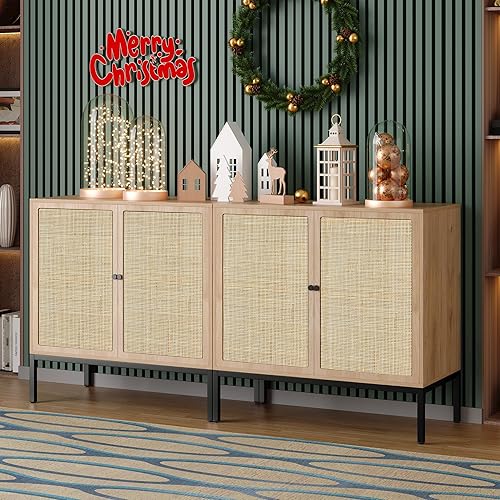 Yechen Set of 2 63" Sideboard Cabinet with Natural Rattan Doors, Buffet Console & Accent Cabinet, Rattan Credenza Storage with Metal Legs for Living Room, Kitchen, Dining Room